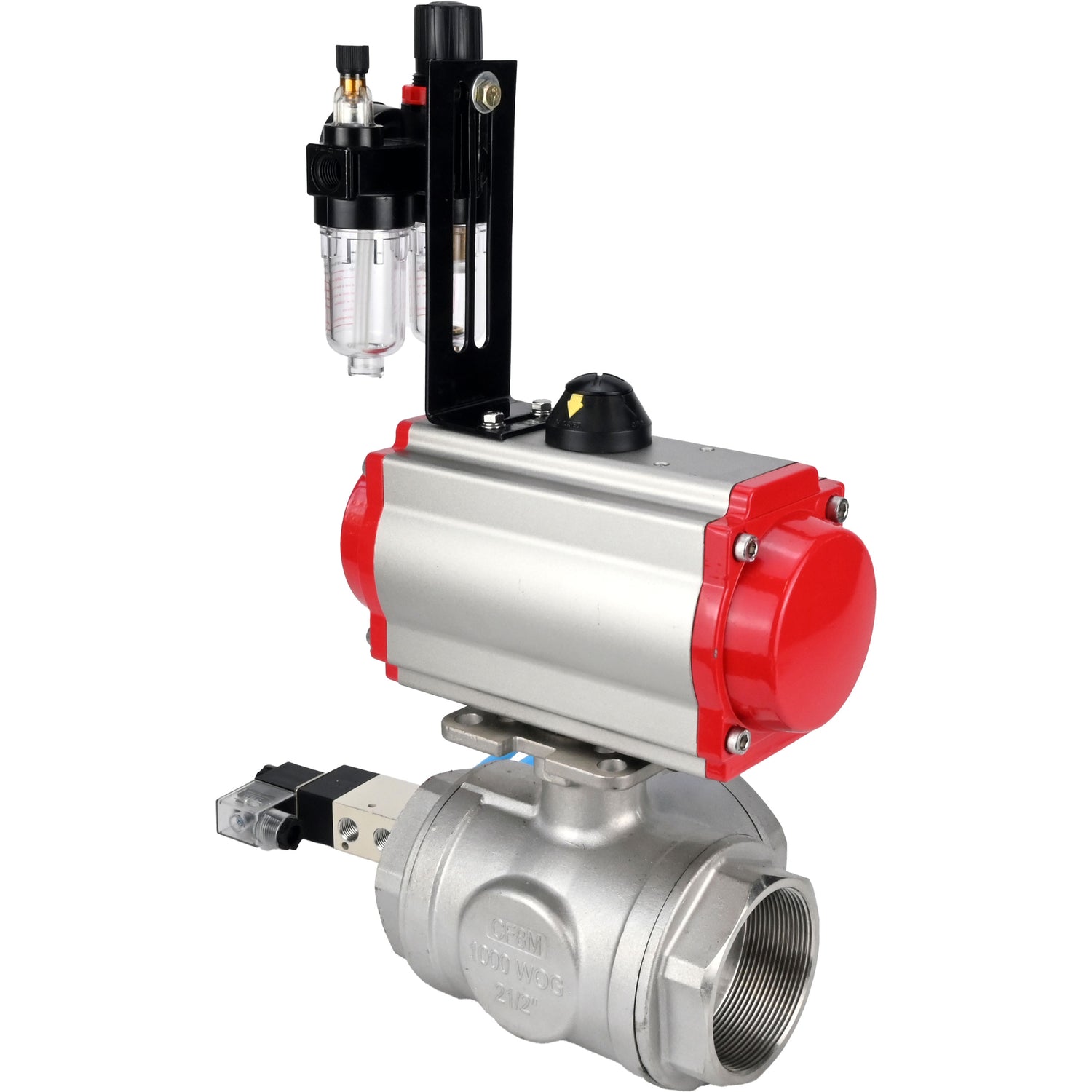Ball valves Elephant BV3232P(4pc)-SP-3WL-T-ISO-H,  body material - Stainless steel AISI 316, seal - PTFE / PTFE / Teflon, with pneumatic actuator double action PA-DA, 4V320-08 220V, ATU AFC2000