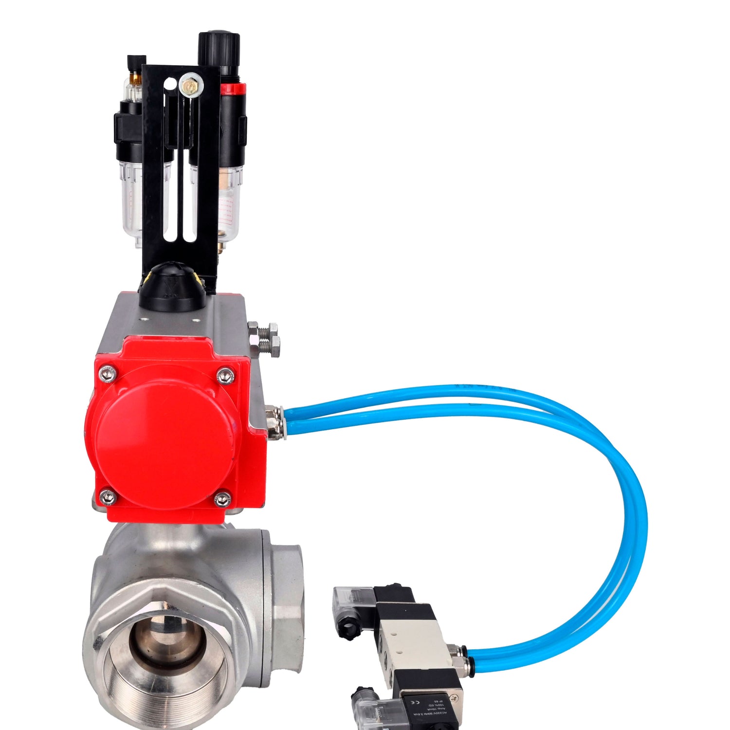 Ball valves Elephant BV3232P(4pc)-SP-3WL-T-ISO-H,  body material - Stainless steel AISI 316, seal - PTFE / PTFE / Teflon, with pneumatic actuator double action PA-DA, 4V320-08 220V, ATU AFC2000