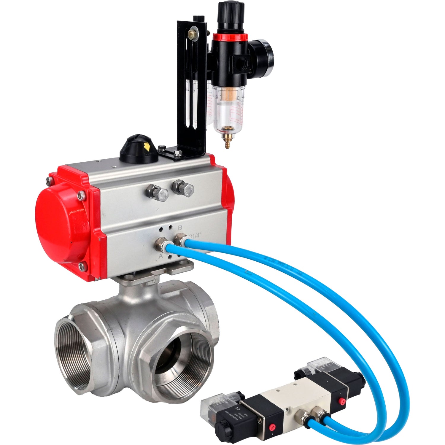 Ball valves Elephant BV3232P(4pc)-SP-3WL-T-ISO-H,  body material - Stainless steel AISI 316, seal - PTFE / PTFE / Teflon, with pneumatic actuator double action PA-DA, 4V320-08 220V, ATU AFC2000