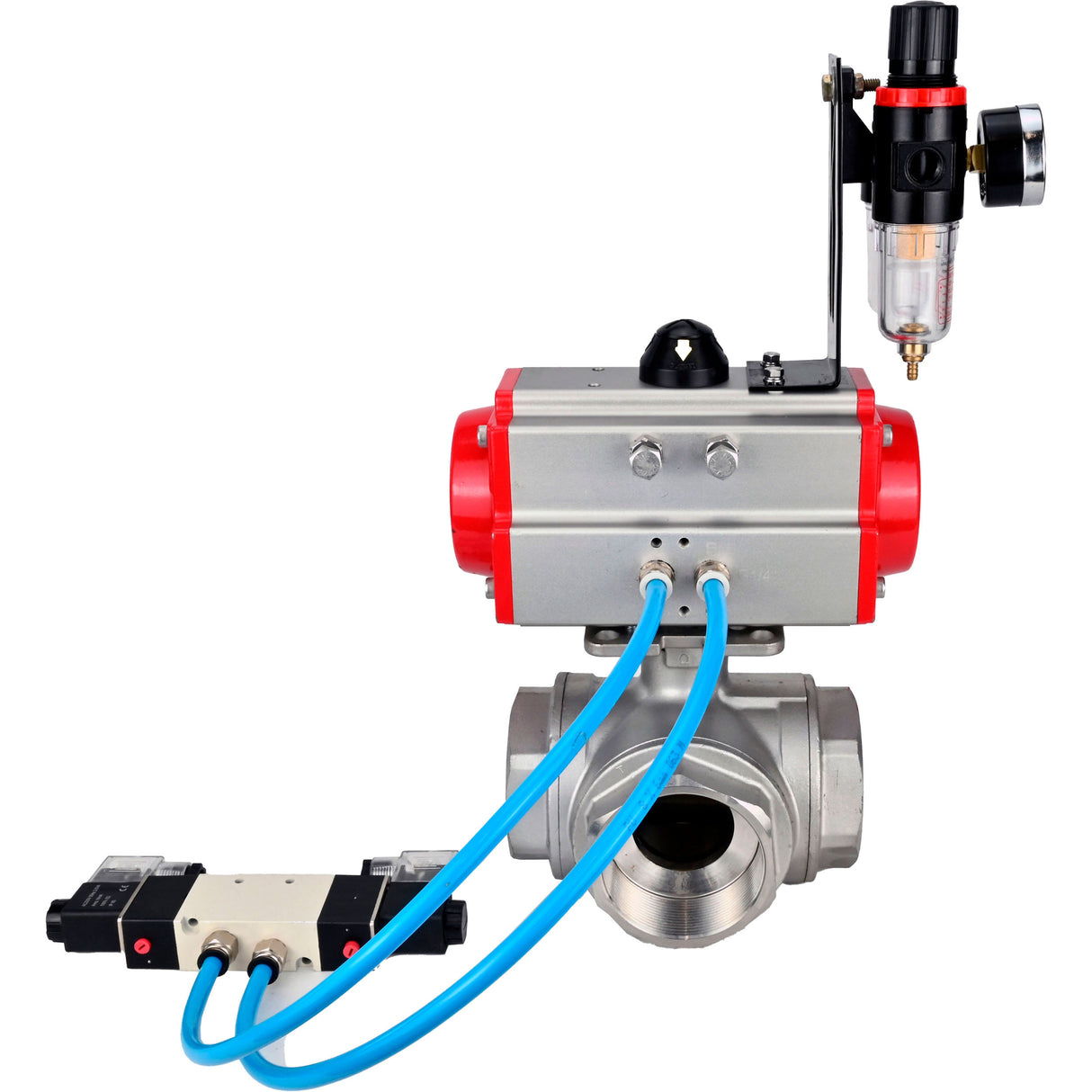 Ball valves Elephant BV3232P(4pc)-SP-3WL-T-ISO-H,  body material - Stainless steel AISI 316, seal - PTFE / PTFE / Teflon, with pneumatic actuator double action PA-DA, 4V320-08 220V, ATU AFC2000