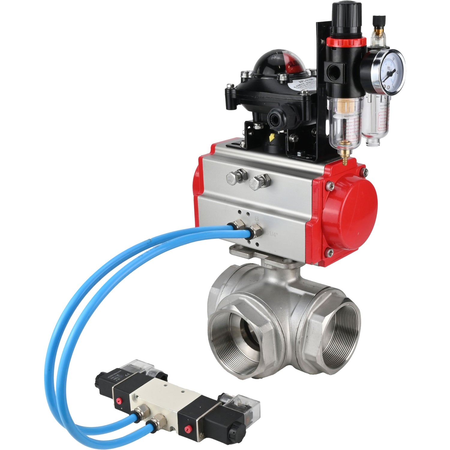 Ball valves Elephant BV3232P(4pc)-SP-3WL-T-ISO-H,  body material - Stainless steel AISI 316, seal - PTFE / PTFE / Teflon, with pneumatic actuator with return springs PA-SA, 4V320-10 220V, LSU APL-210N,,  ATU AFC2000