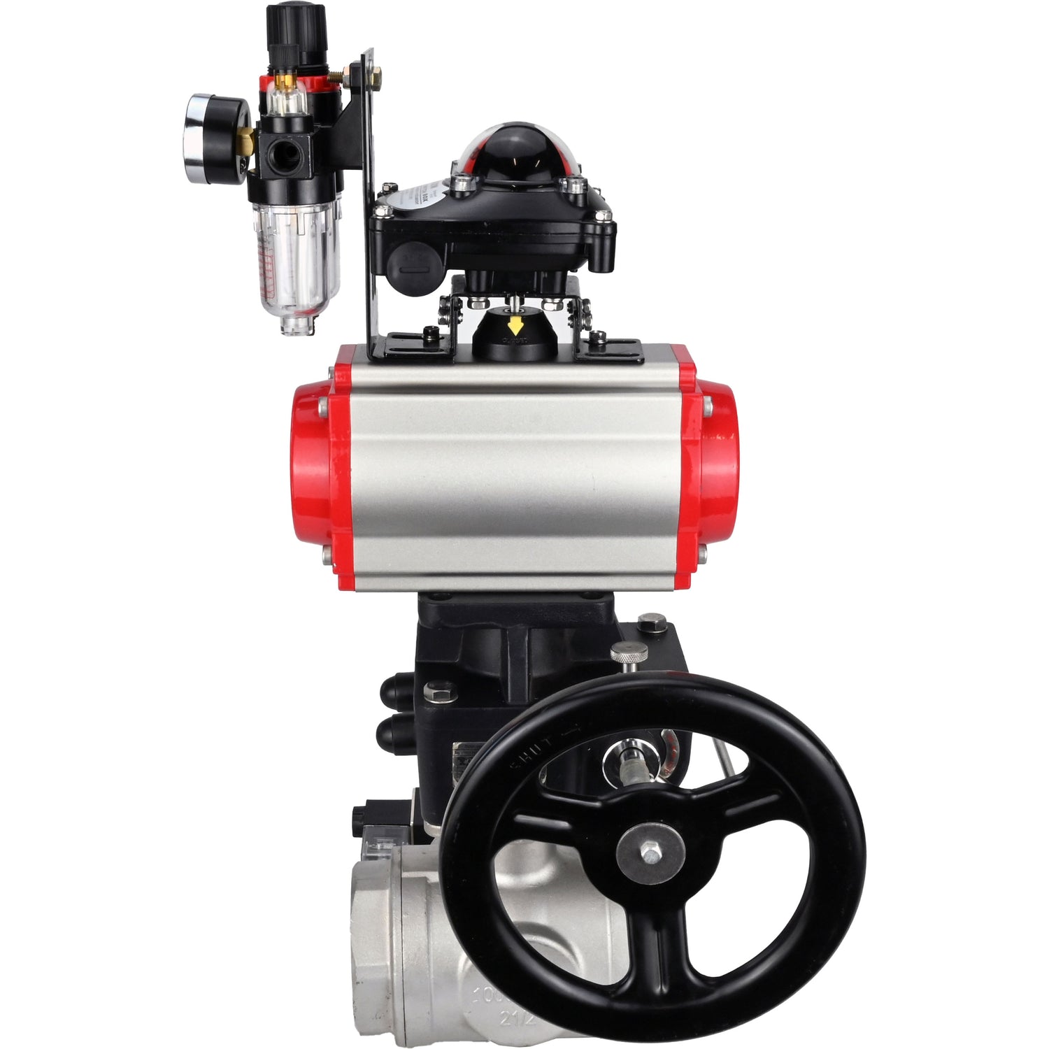 Ball valves Elephant BV3232P(4pc)-SP-3WL-T-ISO-H,  body material - Stainless steel AISI 316, seal - PTFE / PTFE / Teflon, with pneumatic actuator double action PA-DA, 4V320-10 220V, LSU APL-210N, handwheel MON, ATU AFC2000