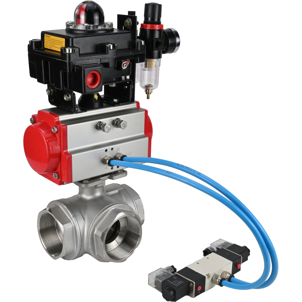 Ball valves Elephant BV3232P(4pc)-SP-3WL-T-ISO-H,  body material - Stainless steel AISI 316, seal - PTFE / PTFE / Teflon, with pneumatic actuator with return springs PA-SA, 4V320-10 220V, LSU APL-410N Ex,,  ATU AFC2000