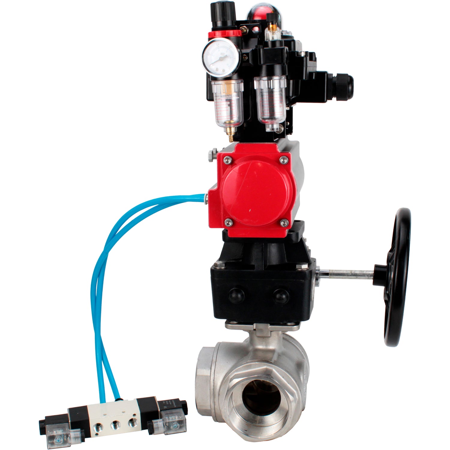 Ball valves Elephant BV3232P(4pc)-SP-3WL-T-ISO-H,  body material - Stainless steel AISI 316, seal - PTFE / PTFE / Teflon, with pneumatic actuator double action PA-DA, 4V320-08 220V, LSU APL-410N Ex, handwheel MON, ATU AFC2000