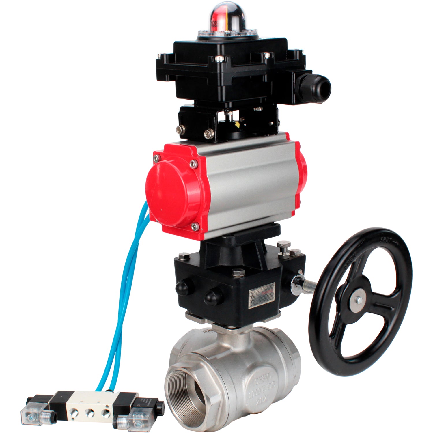 Ball valves Elephant BV3232P(4pc)-SP-3WL-T-ISO-H,  body material - Stainless steel AISI 316, seal - PTFE / PTFE / Teflon, with pneumatic actuator double action PA-DA, 4V320-08 220V, LSU APL-410N Ex, handwheel MON