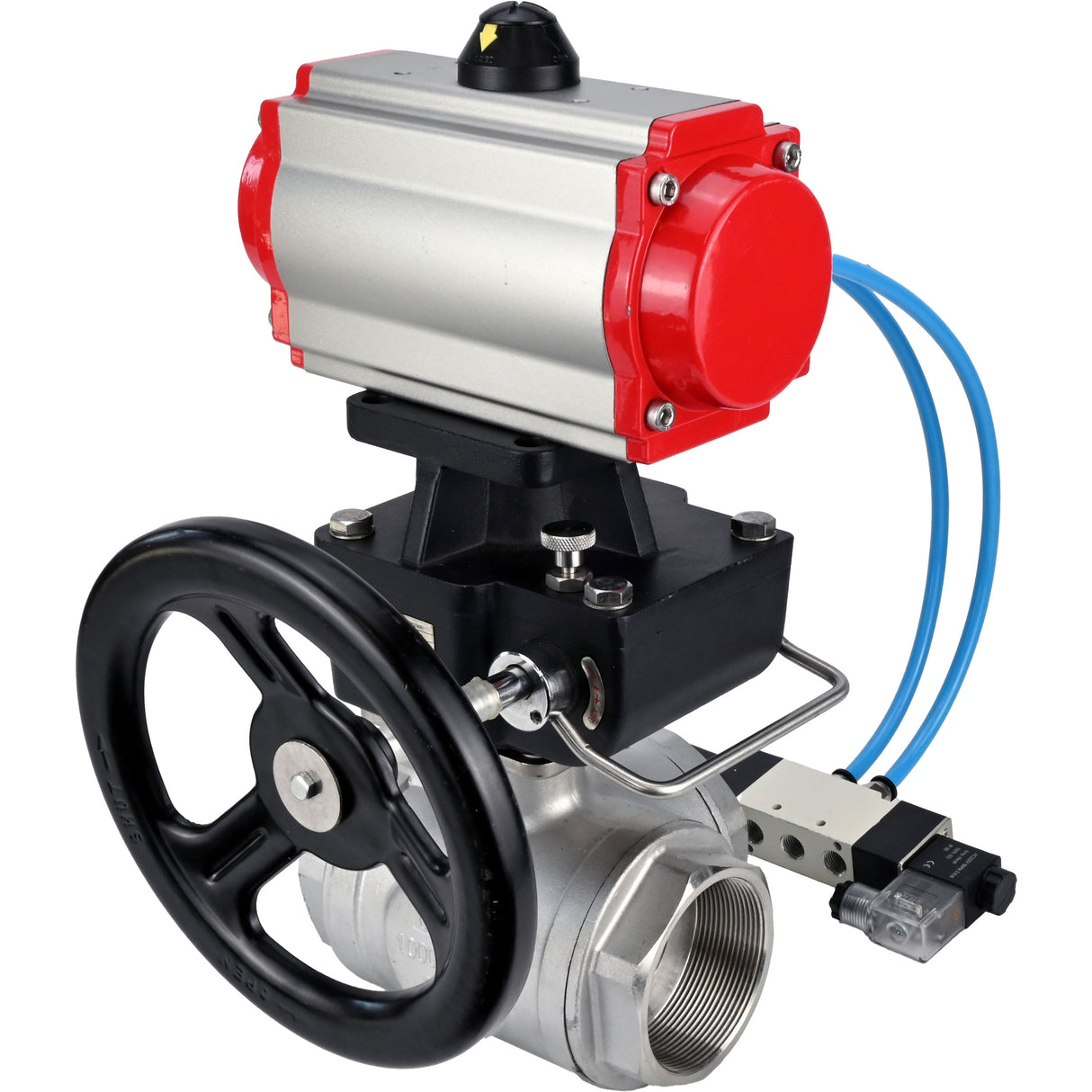Ball valves Elephant BV3232P(4pc)-SP-3WL-T-ISO-H,  body material - Stainless steel AISI 316, seal - PTFE / PTFE / Teflon, with pneumatic actuator double action PA-DA, 4V320-08 220Vhandwheel MON