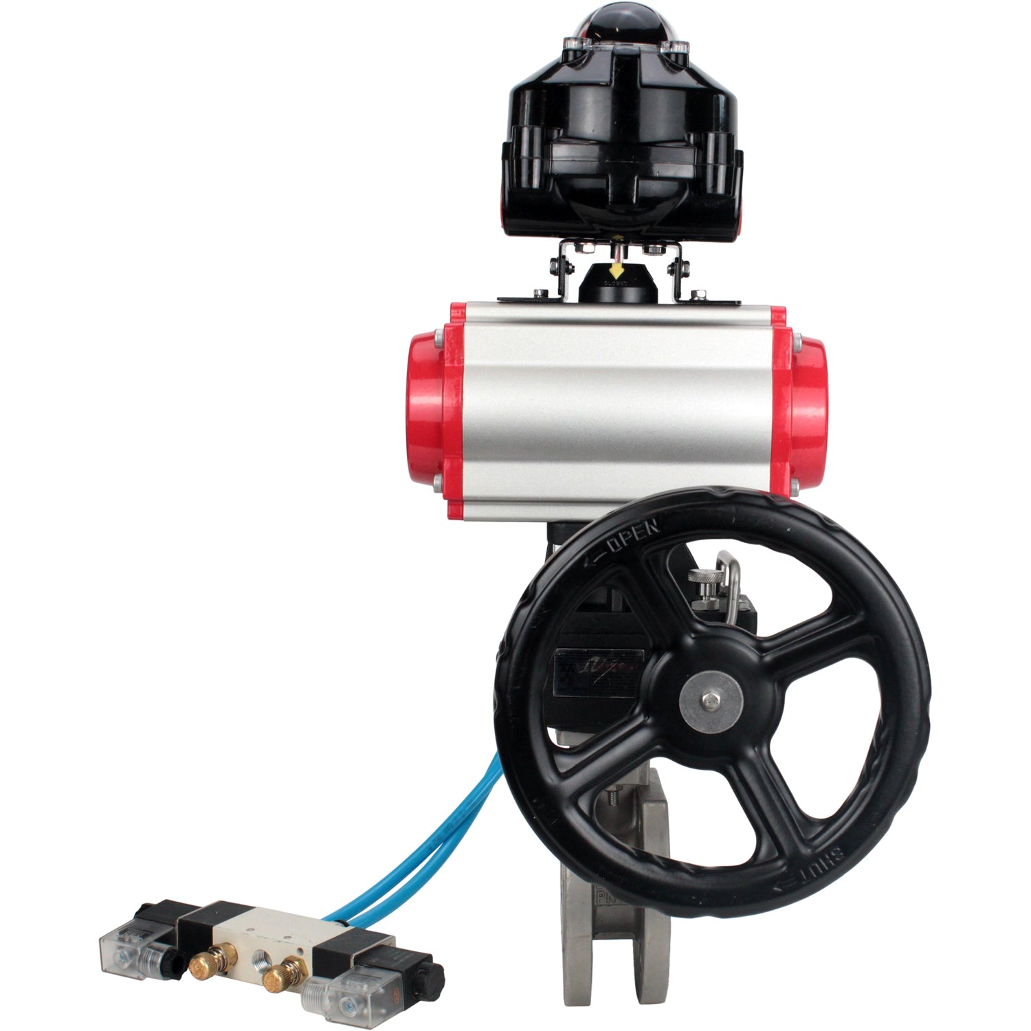 Ball valves Elephant BV3232P-FP-Fb-ISO-H 16 bar wafer, full bore, stainless steel body. steel SS316, seal - PTFE, with pneumatic drive Elephant PA-DA 052-105 pneumatic distributor 4V320-10 gearbox MON LSU APL-510N-EX