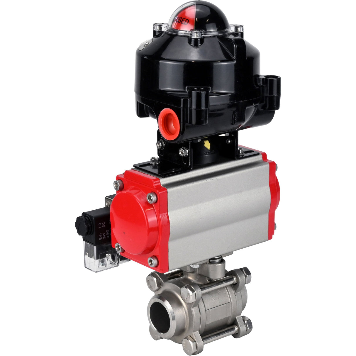 Vannes à boisseau sphérique Elephant BV3232P(3pc)-FP-W-ISO-H à souder, passage intégral, corps - acier inoxydable SS316, joint - PTFE, avec actionneur pneumatique Elephant PA-SA 052- 130 distributeur pneumatique 4M310-08 24V BKV APL-510N-EX