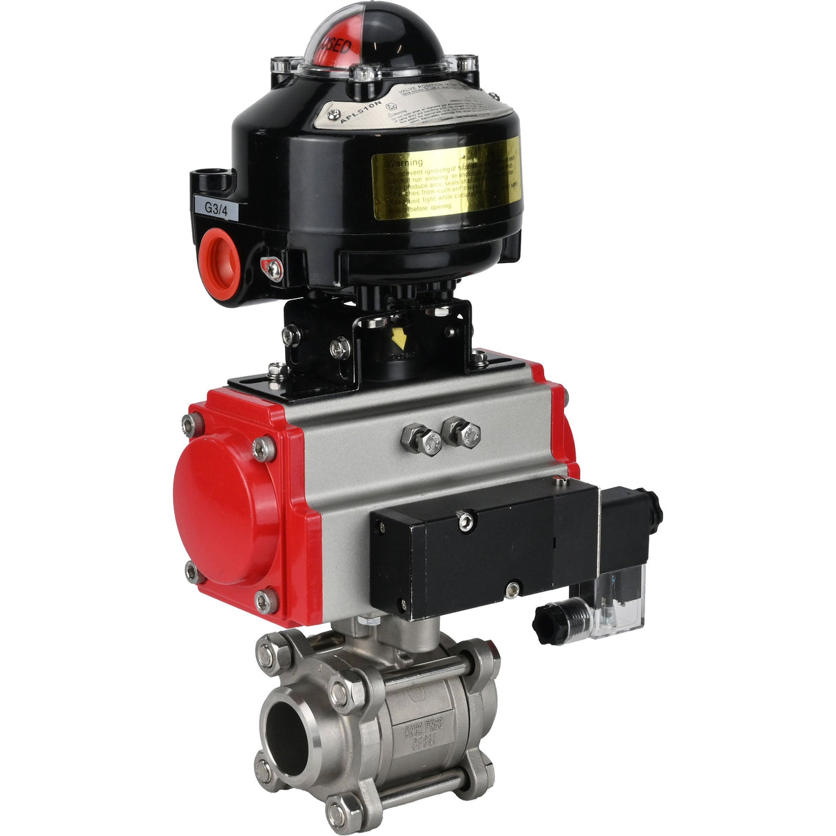 Vannes à boisseau sphérique Elephant BV3232P(3pc)-FP-W-ISO-H à souder, passage intégral, corps - acier inoxydable SS316, joint - PTFE, avec actionneur pneumatique Elephant PA-DA 052- 083 distributeur pneumatique 4M310-08 220V BKV APL-510N-EX