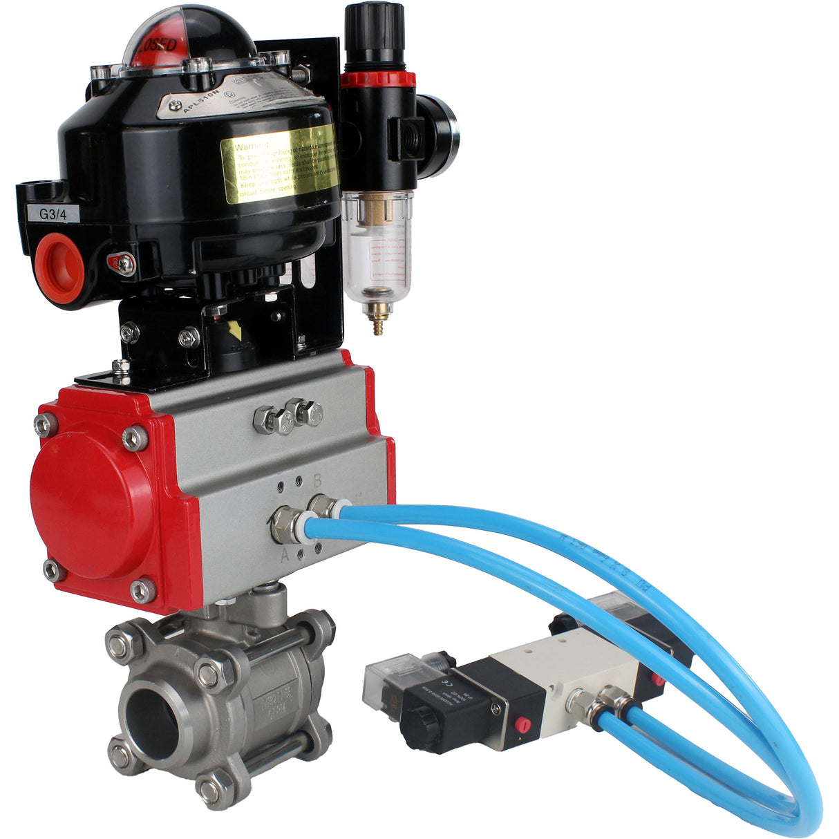 Vannes à boisseau sphérique Elephant BV3232P(3pc)-FP-W-ISO-H à souder, passage intégral, corps en acier inoxydable. acier SS316, joint - PTFE, avec actionneur pneumatique Elephant PA-SA 052-130 distributeur pneumatique 4V320-10 BPV AFC2000 APL-510N-EX