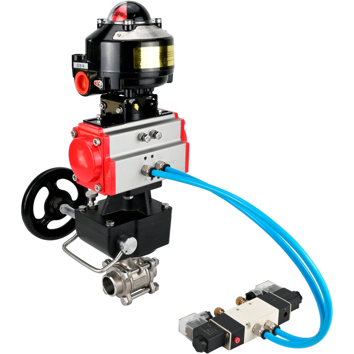 Ball valves Elephant BV3232P(3pc)-FP-W-ISO-H for welding, full bore, stainless steel body. steel SS316, seal - PTFE, with pneumatic drive Elephant PA-DA 052-083 pneumatic distributor 4V320-10 gearbox MON LSU APL-510N-EX