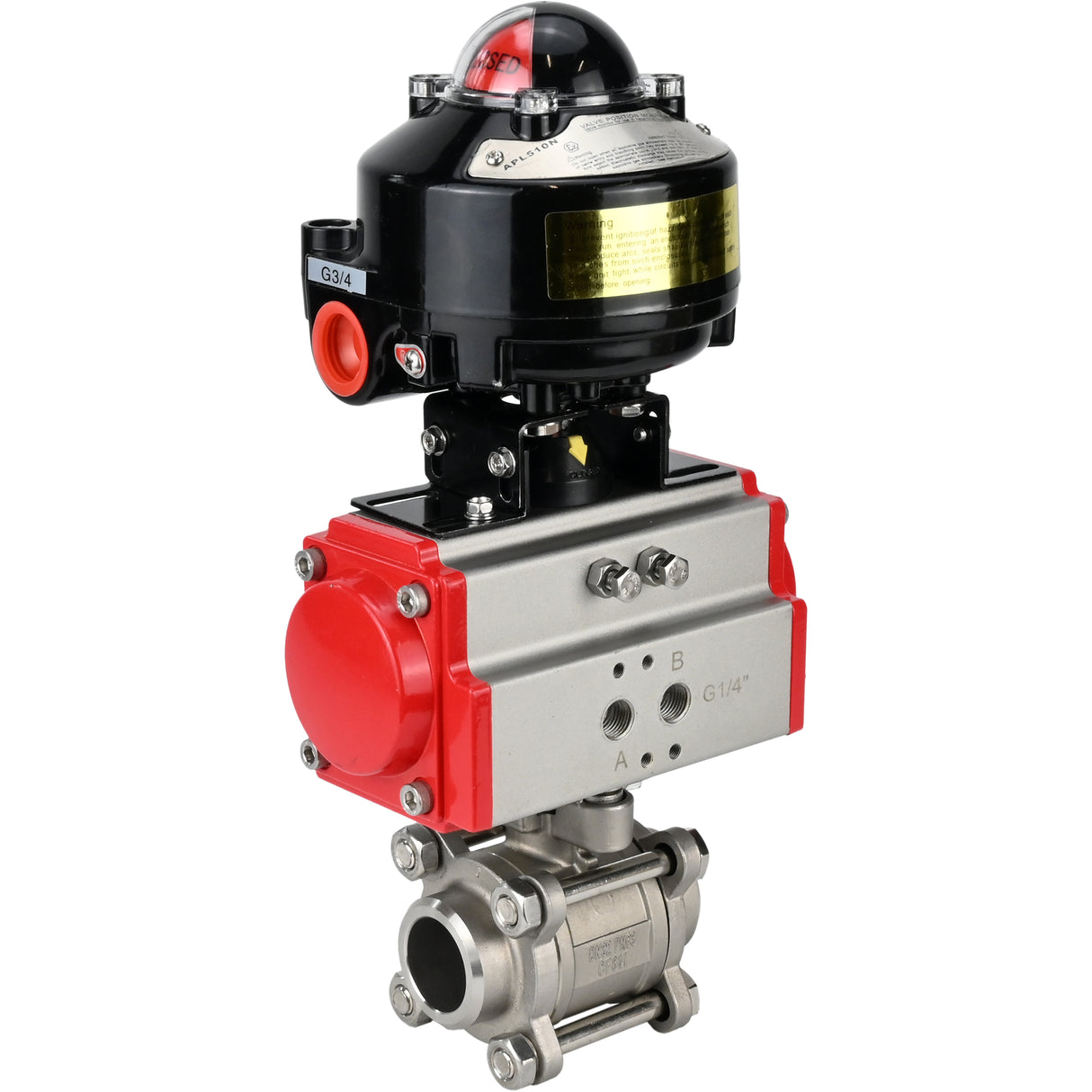 Vannes à boisseau sphérique Elephant BV3232P(3pc)-FP-W-ISO-H à souder, passage intégral, corps - acier inoxydable SS316, joint - PTFE, avec actionneur pneumatique Elephant PA-SA 052- 130 et BKV APL-510N-EX