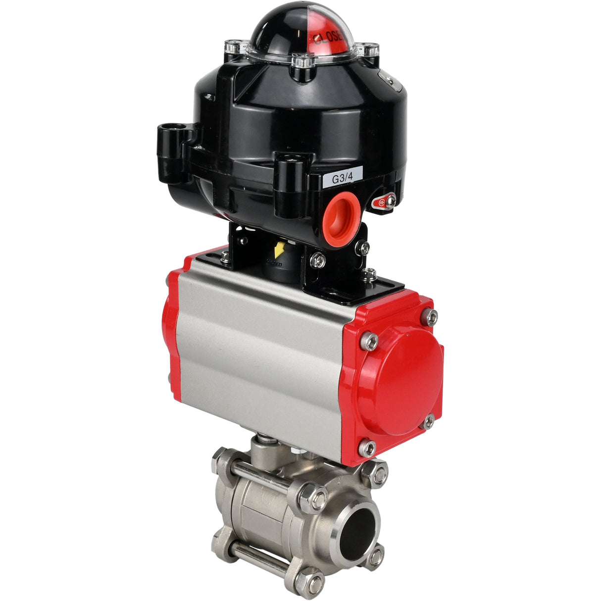 Vannes à boisseau sphérique Elephant BV3232P(3pc)-FP-W-ISO-H à souder, passage intégral, corps - acier inoxydable SS316, joint - PTFE, avec actionneur pneumatique Elephant PA-DA 052- 083 et BKV APL-510N-EX