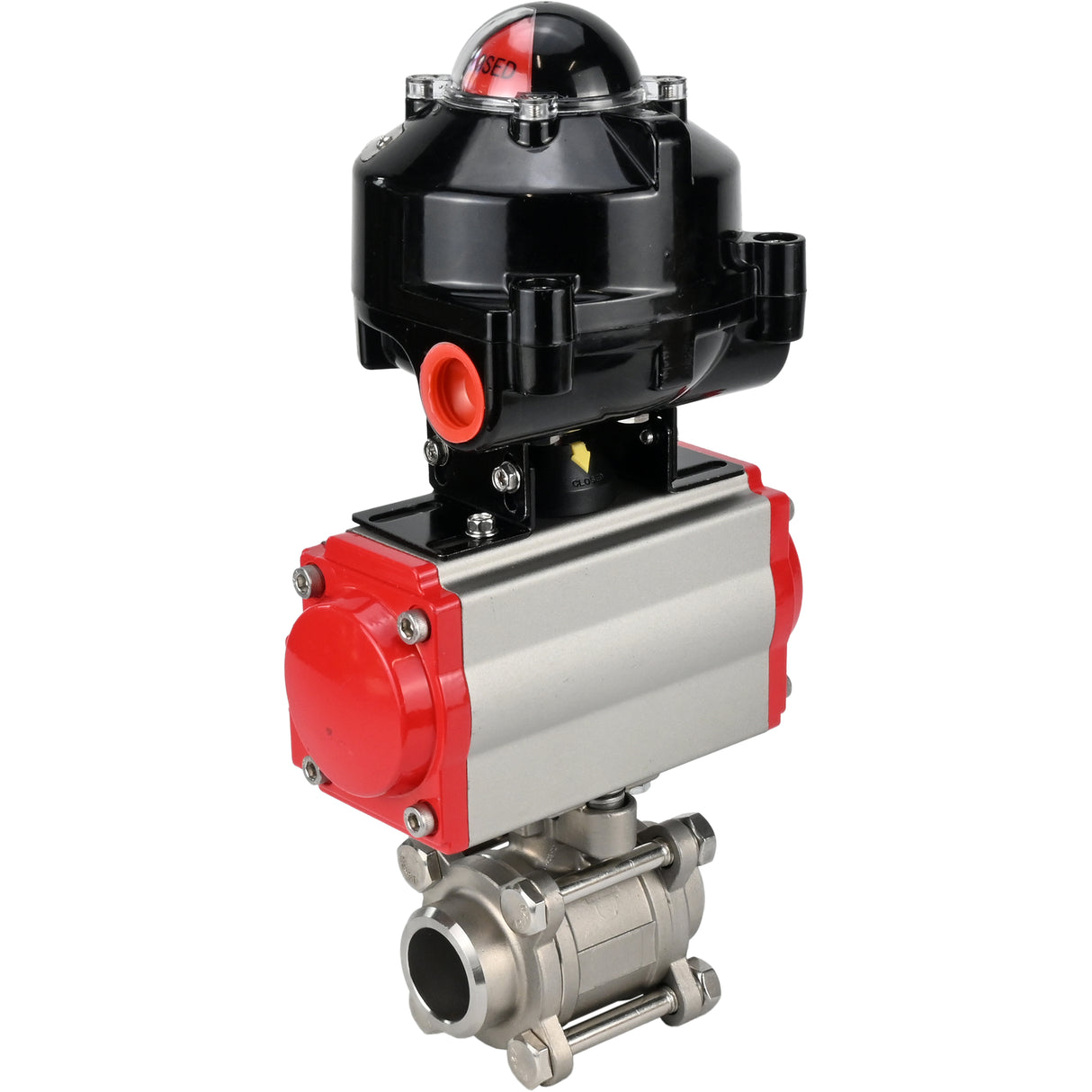 Vannes à boisseau sphérique Elephant BV3232P(3pc)-FP-W-ISO-H à souder, passage intégral, corps - acier inoxydable SS316, joint - PTFE, avec actionneur pneumatique Elephant PA-SA 052- 130 et BKV APL-510N-EX