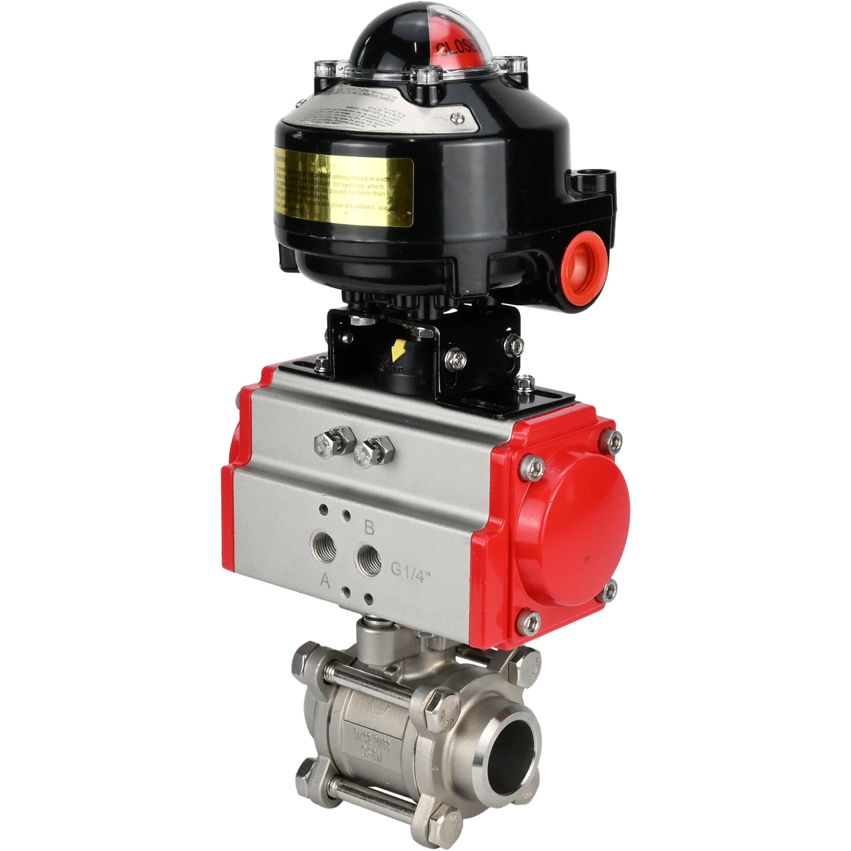 Vannes à boisseau sphérique Elephant BV3232P(3pc)-FP-W-ISO-H à souder, passage intégral, corps - acier inoxydable SS316, joint - PTFE, avec actionneur pneumatique Elephant PA-SA 052- 130 et BKV APL-510N-EX