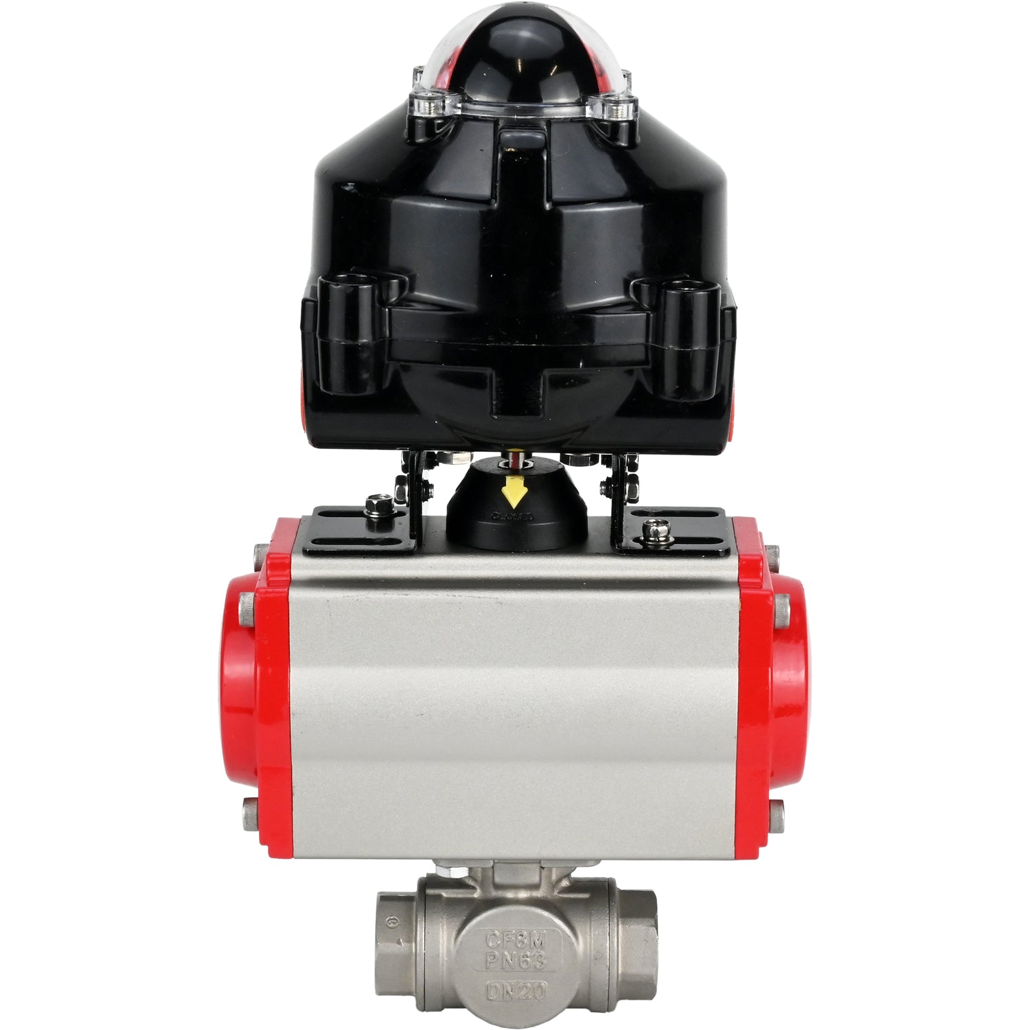 Vannes à boisseau sphérique Elephant BV3232P-SP-3L-T 3 voies type L, filetées, alésage standard, corps - acier inoxydable SS316, joint - PTFE, avec actionneur pneumatique Elephant PA-DA 052 -083 et BKV APL-510N-EX