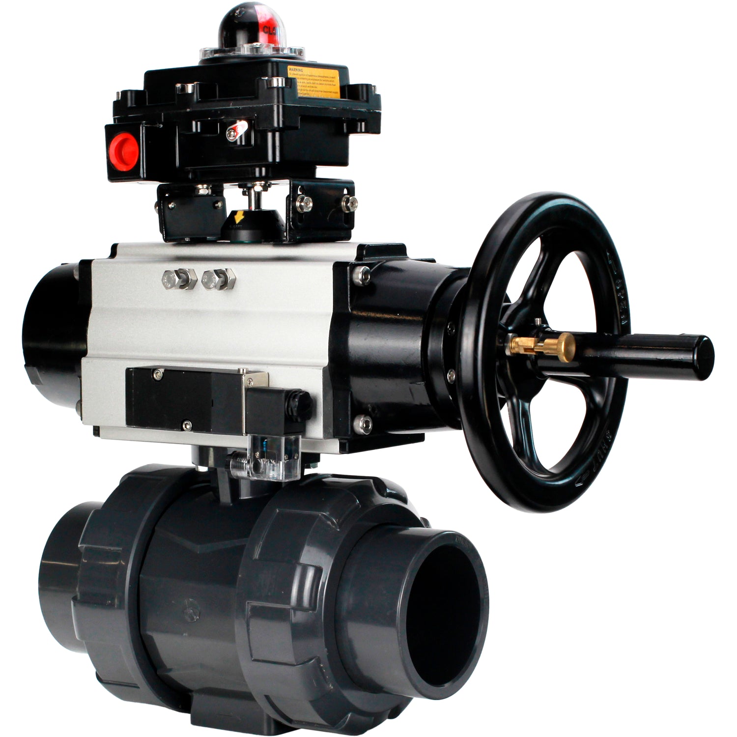 Ball valves Elephant BV4242E-FP-GRM-ISO, body material - UPVC, ball material - UPVC, seal - EPDM, with pneumatic actuator double action PA-DA-105-1, pneumatic distributor 4M310-08 24V and LSU APL-410N EX