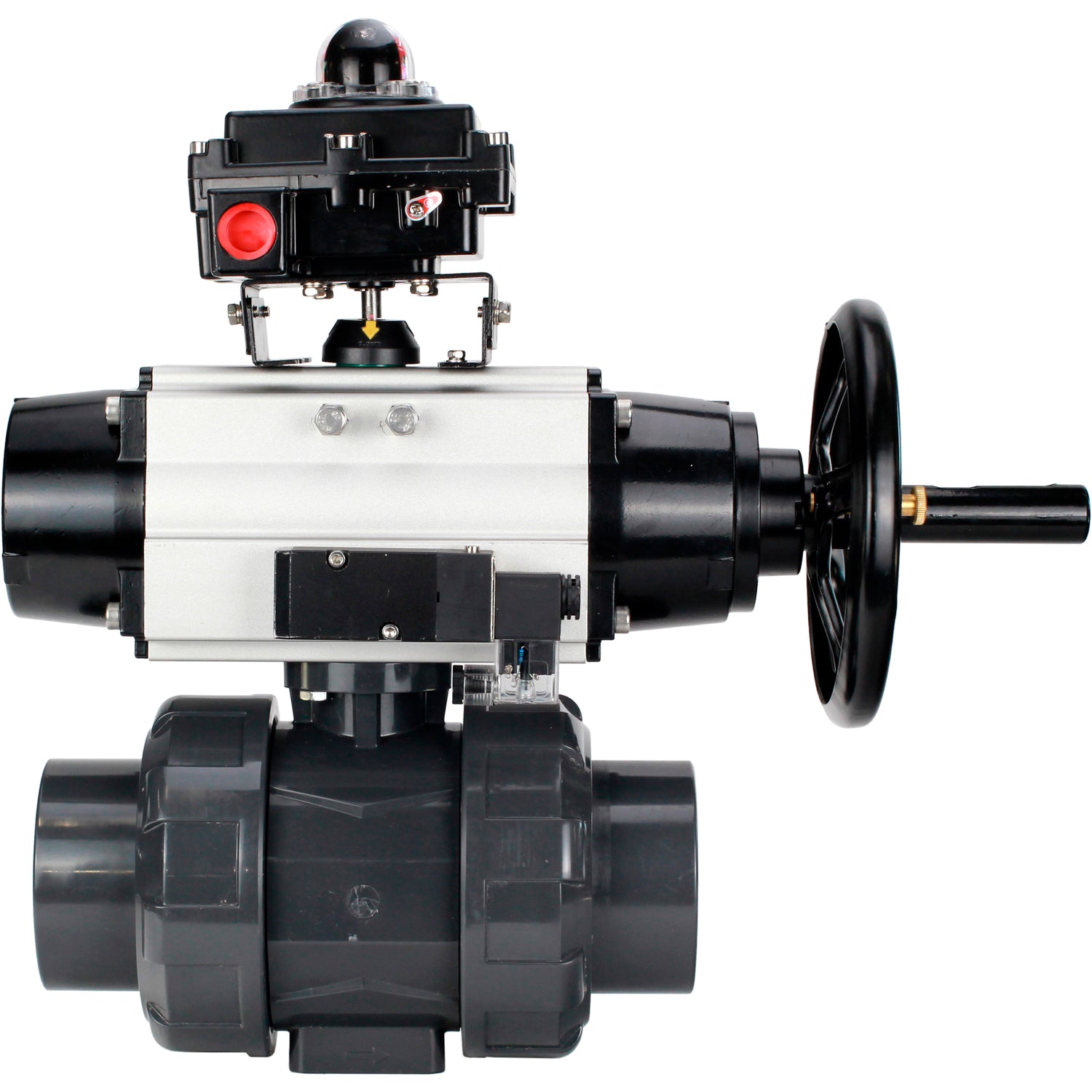 Ball valves Elephant BV4242E-FP-GRM-ISO, body material - UPVC, ball material - UPVC, seal - EPDM, with pneumatic actuator double action PA-DA-105-1, pneumatic distributor 4M310-08 24V and LSU APL-410N EX