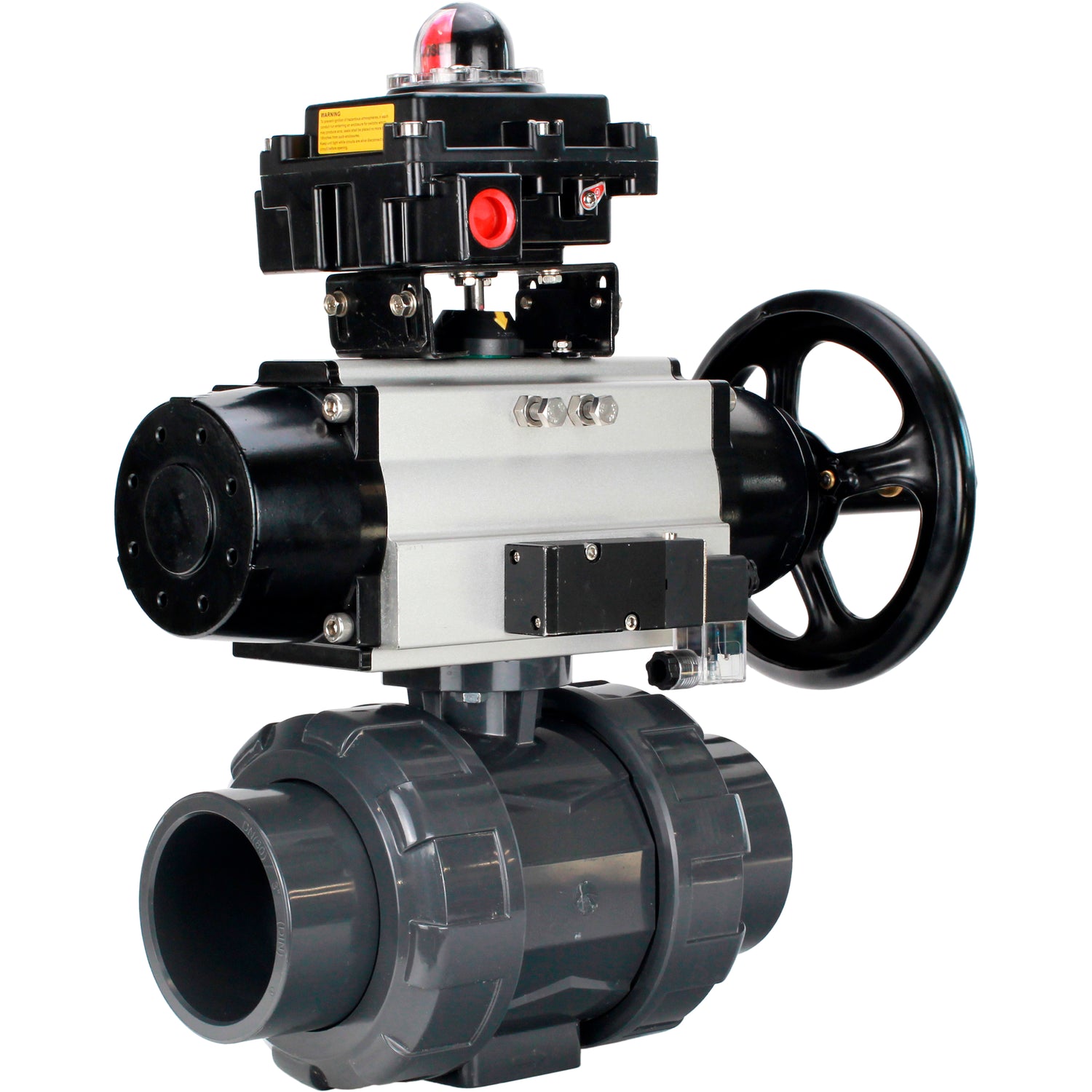 Ball valves Elephant BV4242E-FP-GRM-ISO, body material - UPVC, ball material - UPVC, seal - EPDM, with pneumatic actuator double action PA-DA-105-1, pneumatic distributor 4M310-08 24V and LSU APL-410N EX