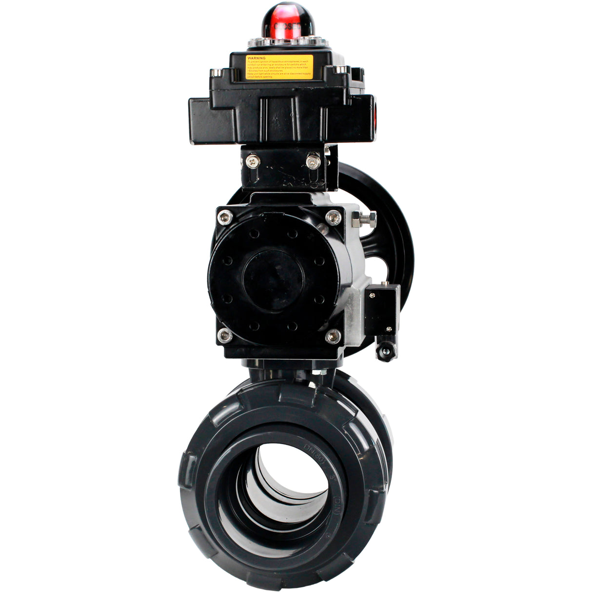 Ball valves Elephant BV4242E-FP-GRM-ISO, body material - UPVC, ball material - UPVC, seal - EPDM, with pneumatic actuator double action PA-DA-105-1, pneumatic distributor 4M310-08 24V and LSU APL-410N EX