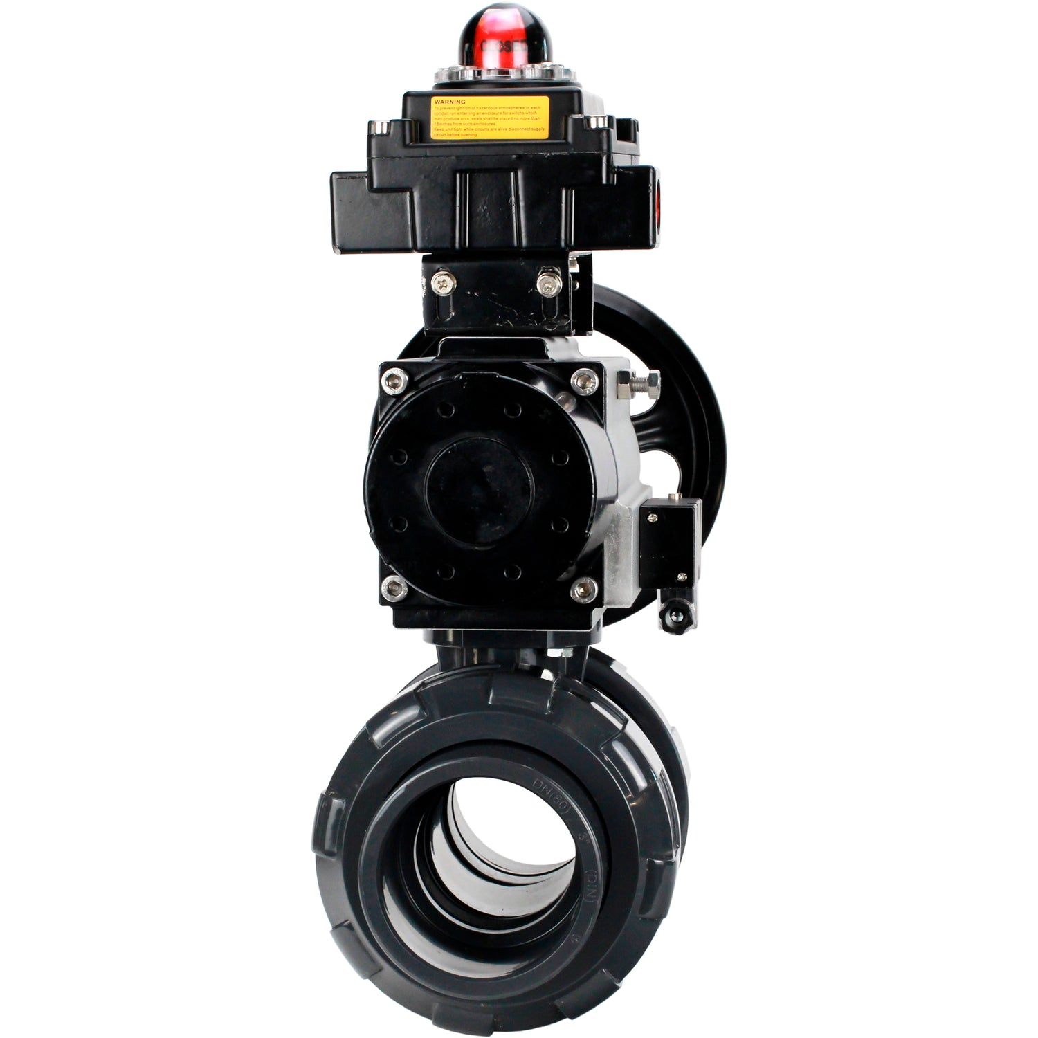 Ball valves Elephant BV4242E-FP-GRM-ISO, body material - UPVC, ball material - UPVC, seal - EPDM, with pneumatic actuator double action PA-DA-105-1, pneumatic distributor 4M310-08 24V and LSU APL-410N EX
