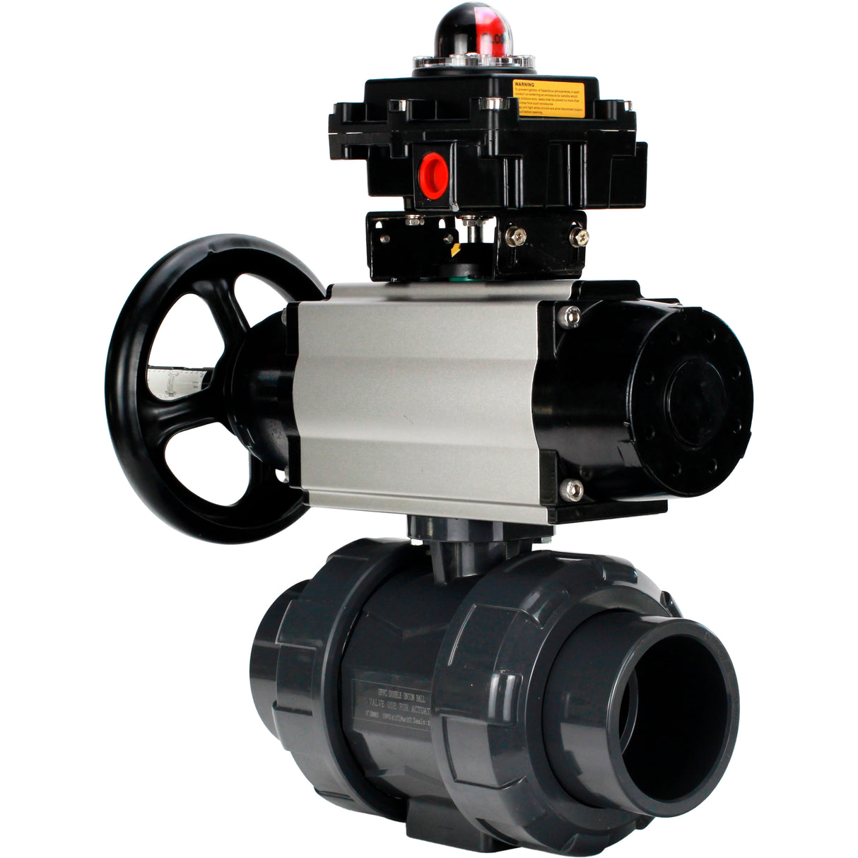 Ball valves Elephant BV4242E-FP-GRM-ISO, body material - UPVC, ball material - UPVC, seal - EPDM, with pneumatic actuator double action PA-DA-105-1, pneumatic distributor 4M310-08 24V and LSU APL-410N EX