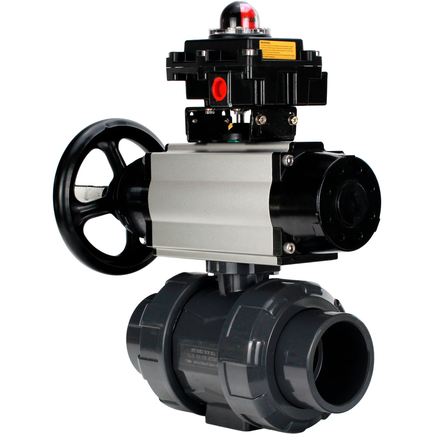 Ball valves Elephant BV4242E-FP-GRM-ISO, body material - UPVC, ball material - UPVC, seal - EPDM, with pneumatic actuator double action PA-DA-105-1, pneumatic distributor 4M310-08 24V and LSU APL-410N EX
