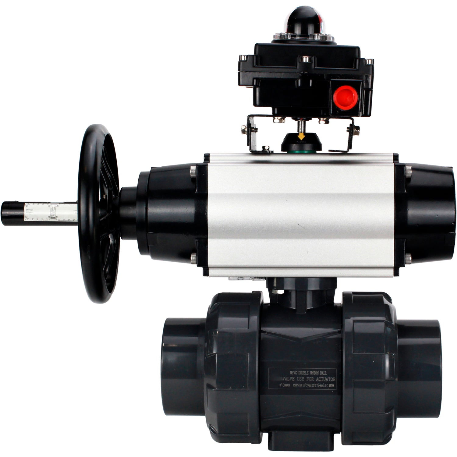 Ball valves Elephant BV4242E-FP-GRM-ISO, body material - UPVC, ball material - UPVC, seal - EPDM, with pneumatic actuator double action PA-DA-105-1, pneumatic distributor 4M310-08 24V and LSU APL-410N EX