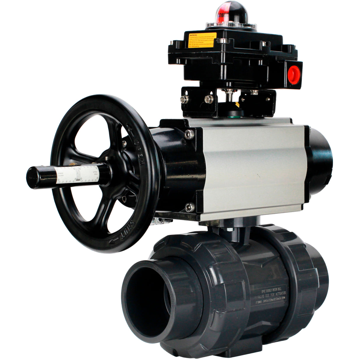 Ball valves Elephant BV4242E-FP-GRM-ISO, body material - UPVC, ball material - UPVC, seal - EPDM, with pneumatic actuator double action PA-DA-105-1, pneumatic distributor 4M310-08 24V and LSU APL-410N EX
