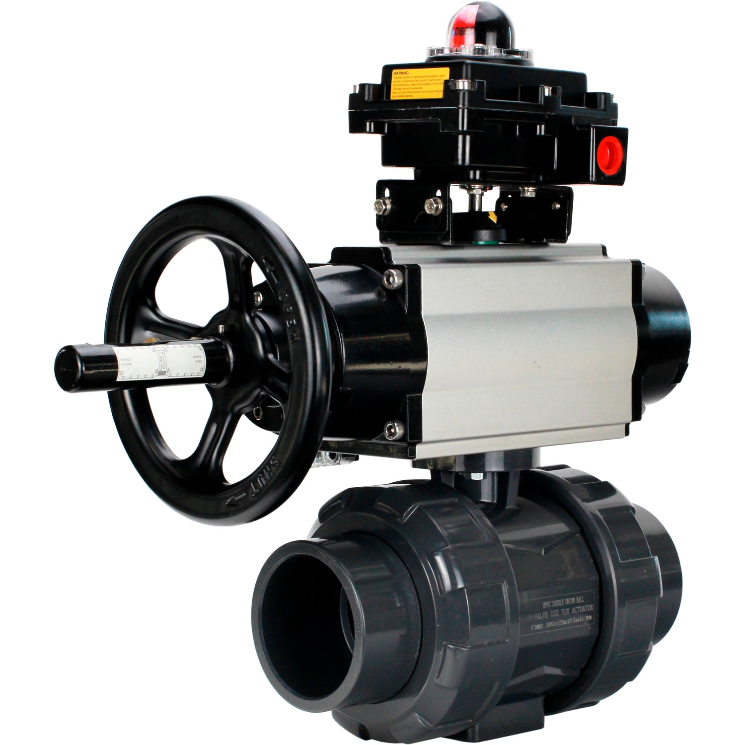 Ball valves Elephant BV4242E-FP-GRM-ISO, body material - UPVC, ball material - UPVC, seal - EPDM, with pneumatic actuator double action PA-DA-105-1, pneumatic distributor 4M310-08 24V and LSU APL-410N EX