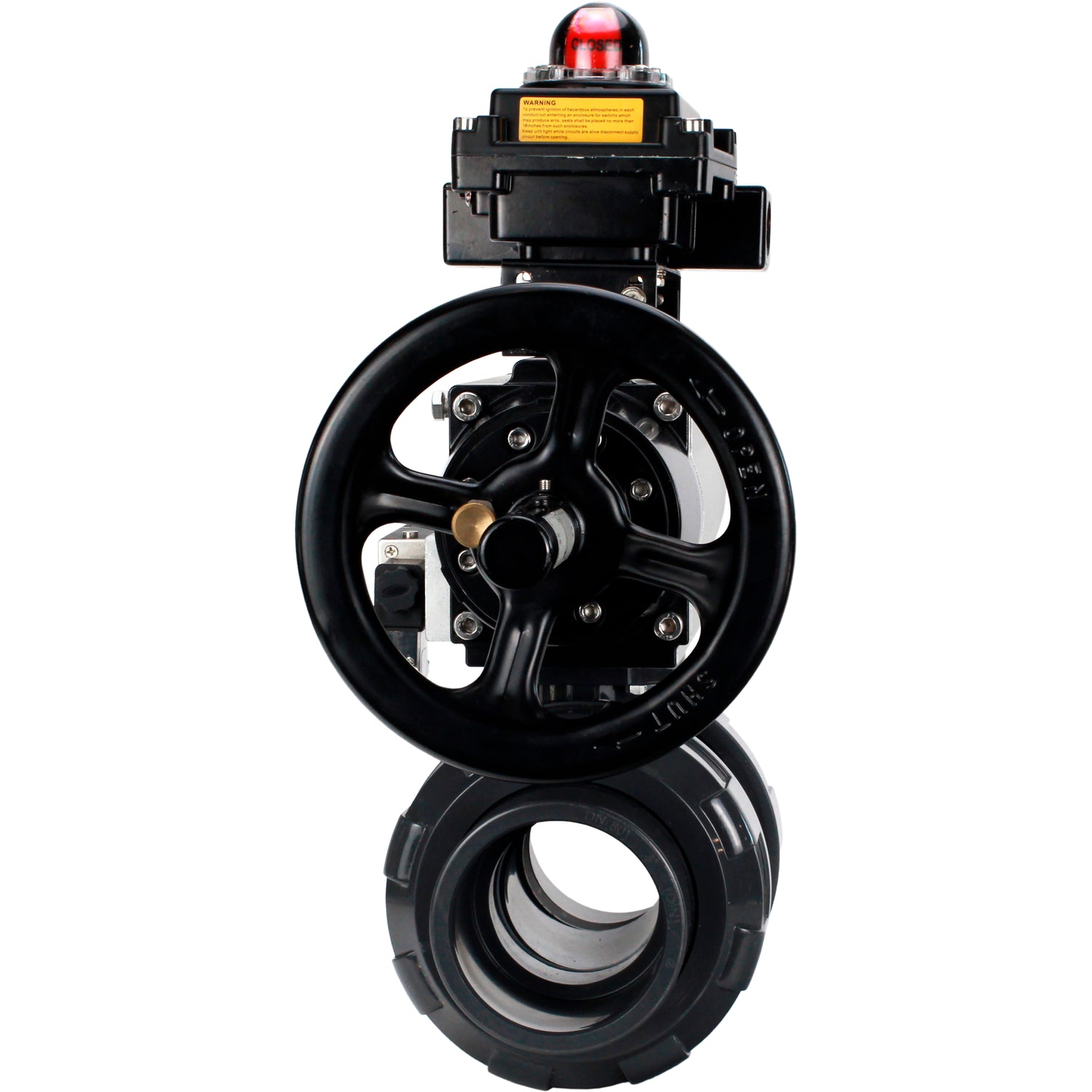 Ball valves Elephant BV4242E-FP-GRM-ISO, body material - UPVC, ball material - UPVC, seal - EPDM, with pneumatic actuator double action PA-DA-105-1, pneumatic distributor 4M310-08 24V and LSU APL-410N EX