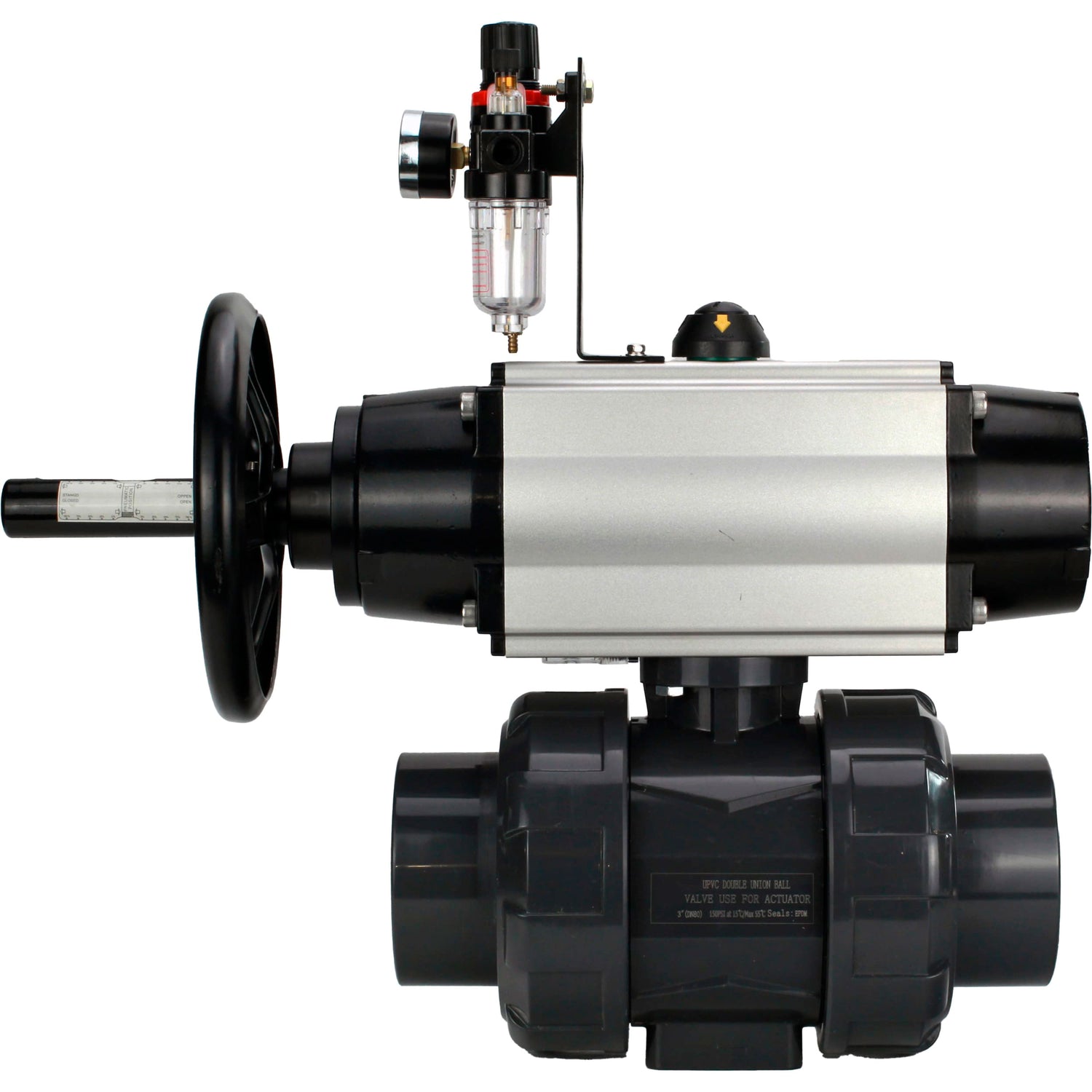 Ball valves Elephant BV4242E-FP-GRM-ISO, body material - UPVC, ball material - UPVC, seal - EPDM, with pneumatic actuator double action PA-DA-105-1, pneumatic distributor 4M310-08 220V and ATU AFC2000