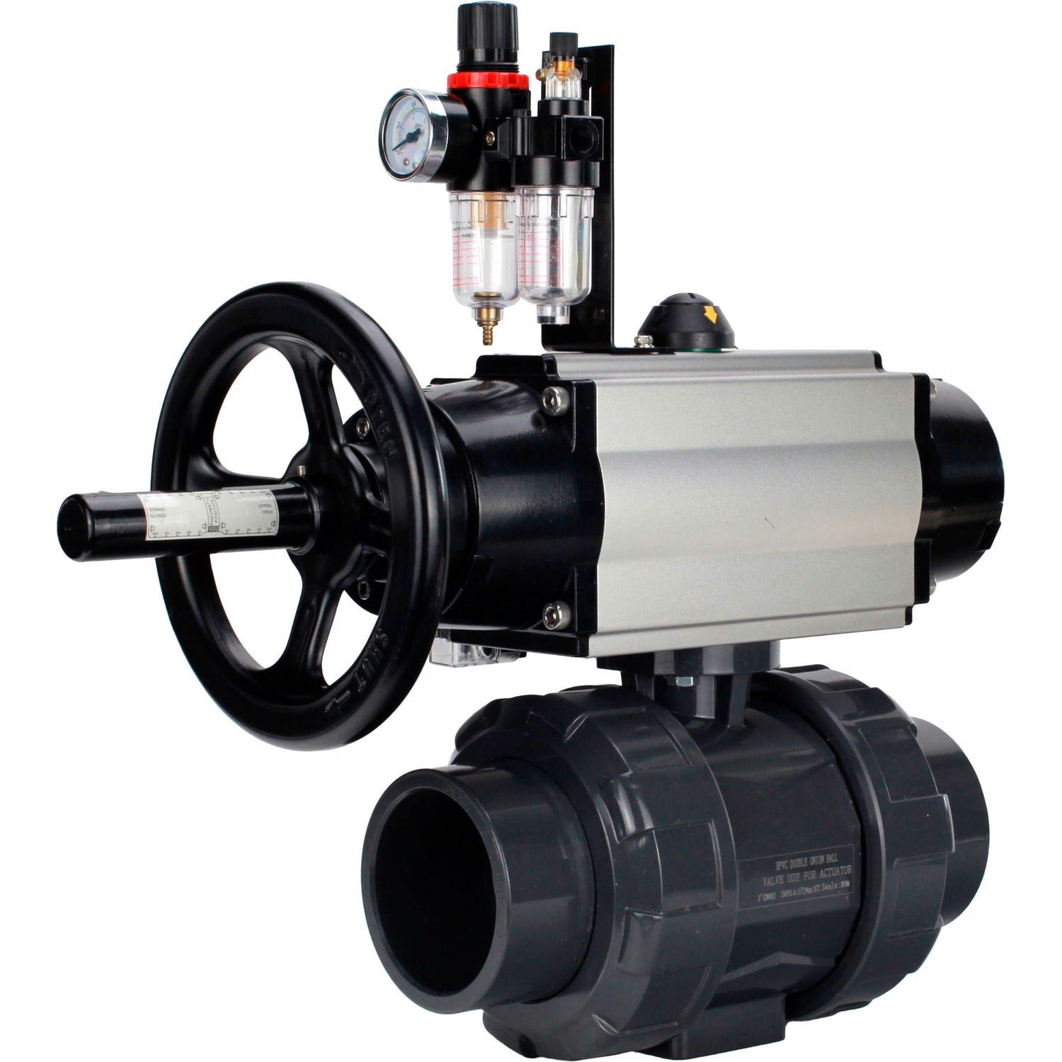 Ball valves Elephant BV4242E-FP-GRM-ISO, body material - UPVC, ball material - UPVC, seal - EPDM, with pneumatic actuator double action PA-DA-105-1, pneumatic distributor 4M310-08 220V and ATU AFC2000