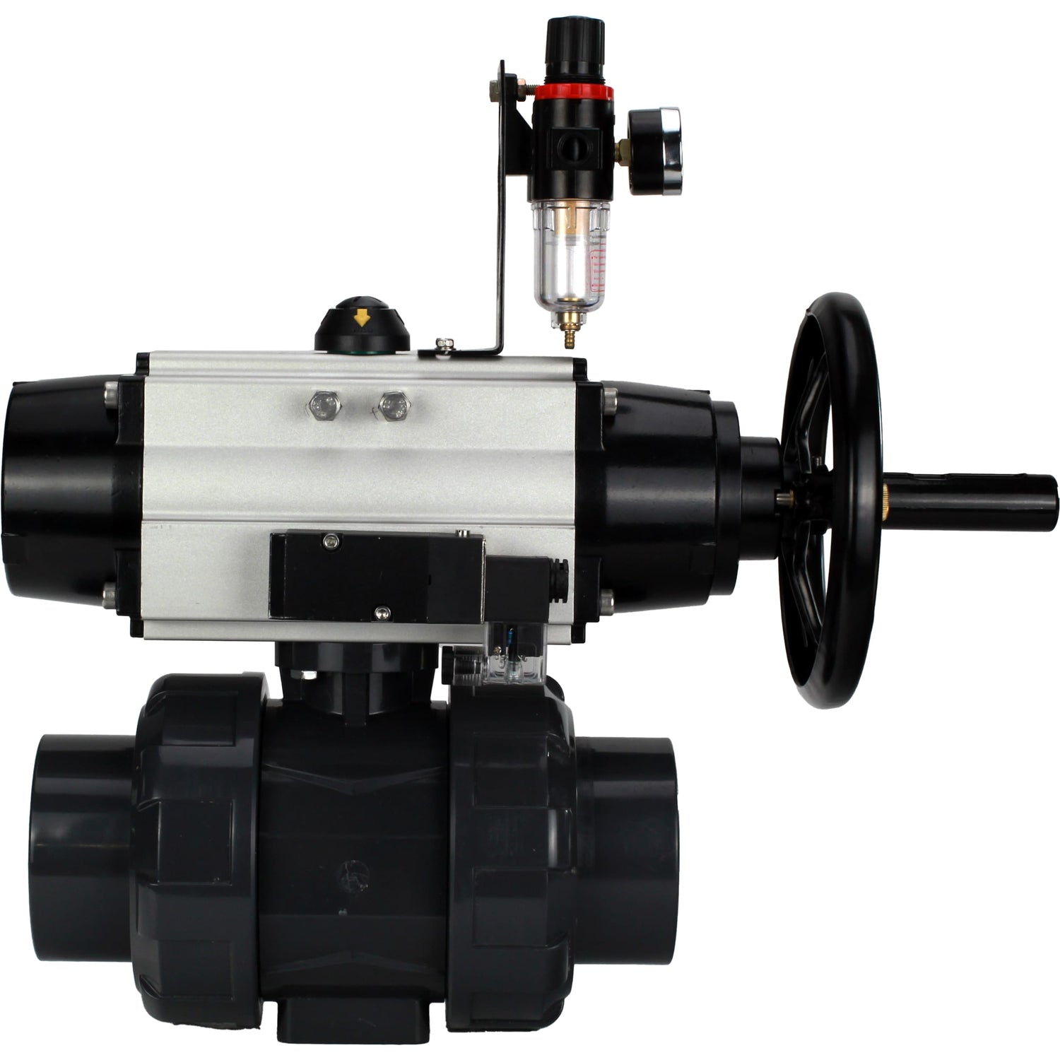 Ball valves Elephant BV4242E-FP-GRM-ISO, body material - UPVC, ball material - UPVC, seal - EPDM, with pneumatic actuator double action PA-DA-105-1, pneumatic distributor 4M310-08 220V and ATU AFC2000