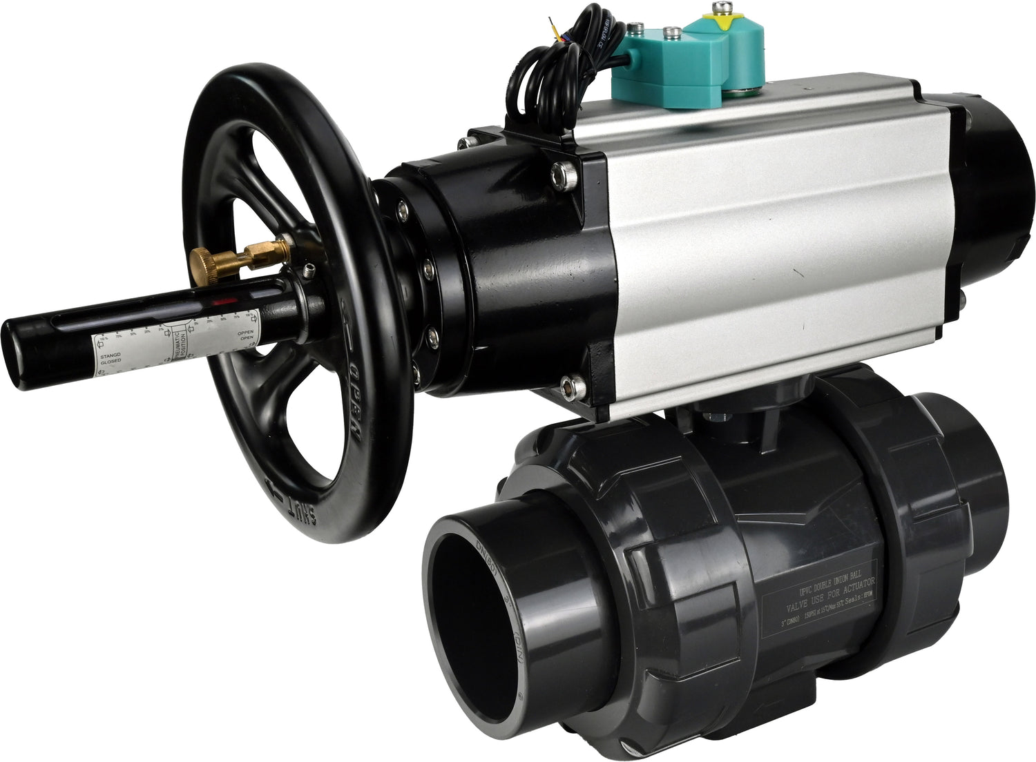 Ball valves Elephant BV4242E-FP-GRM-ISO, body material - UPVC, ball material - UPVC, seal - EPDM, with pneumatic actuator double action PA-DA-105-1, pneumatic distributor 4M310-08 220V and magnetic switch ALS200D