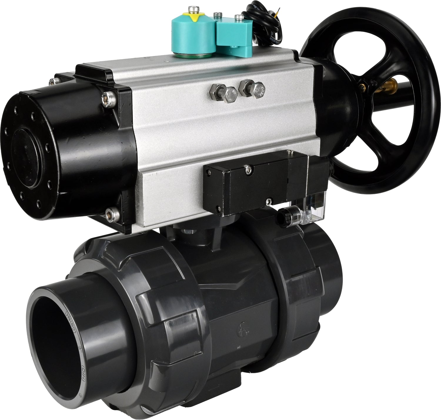Ball valves Elephant BV4242E-FP-GRM-ISO, body material - UPVC, ball material - UPVC, seal - EPDM, with pneumatic actuator double action PA-DA-105-1, pneumatic distributor 4M310-08 220V and magnetic switch ALS200D