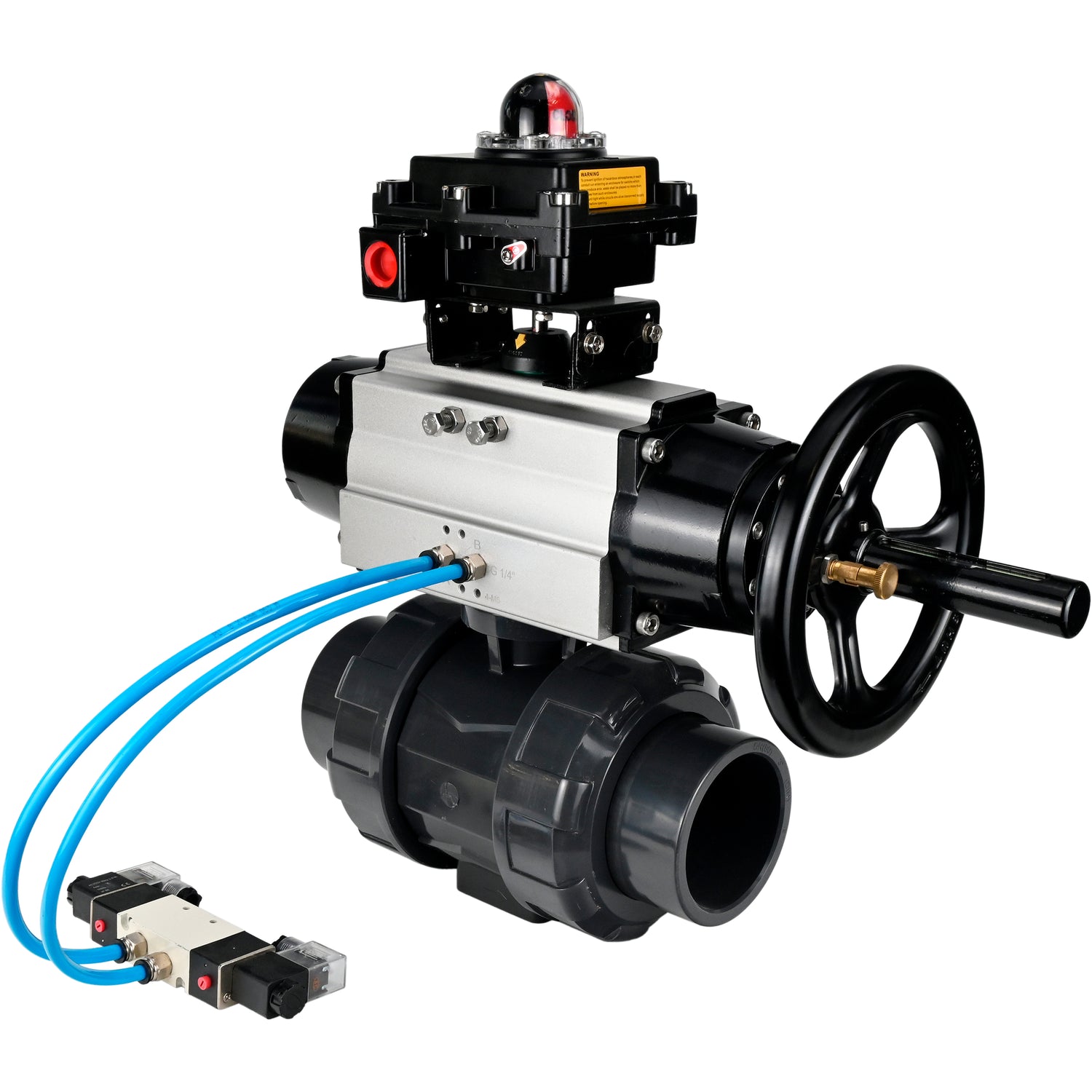 Ball valves Elephant BV4242E-FP-GRM-ISO, body material - UPVC, ball material - UPVC, seal - EPDM, with pneumatic actuator double action PA-DA-105-1, pneumatic distributor 4V320-08 220V and LSU APL-410N EX