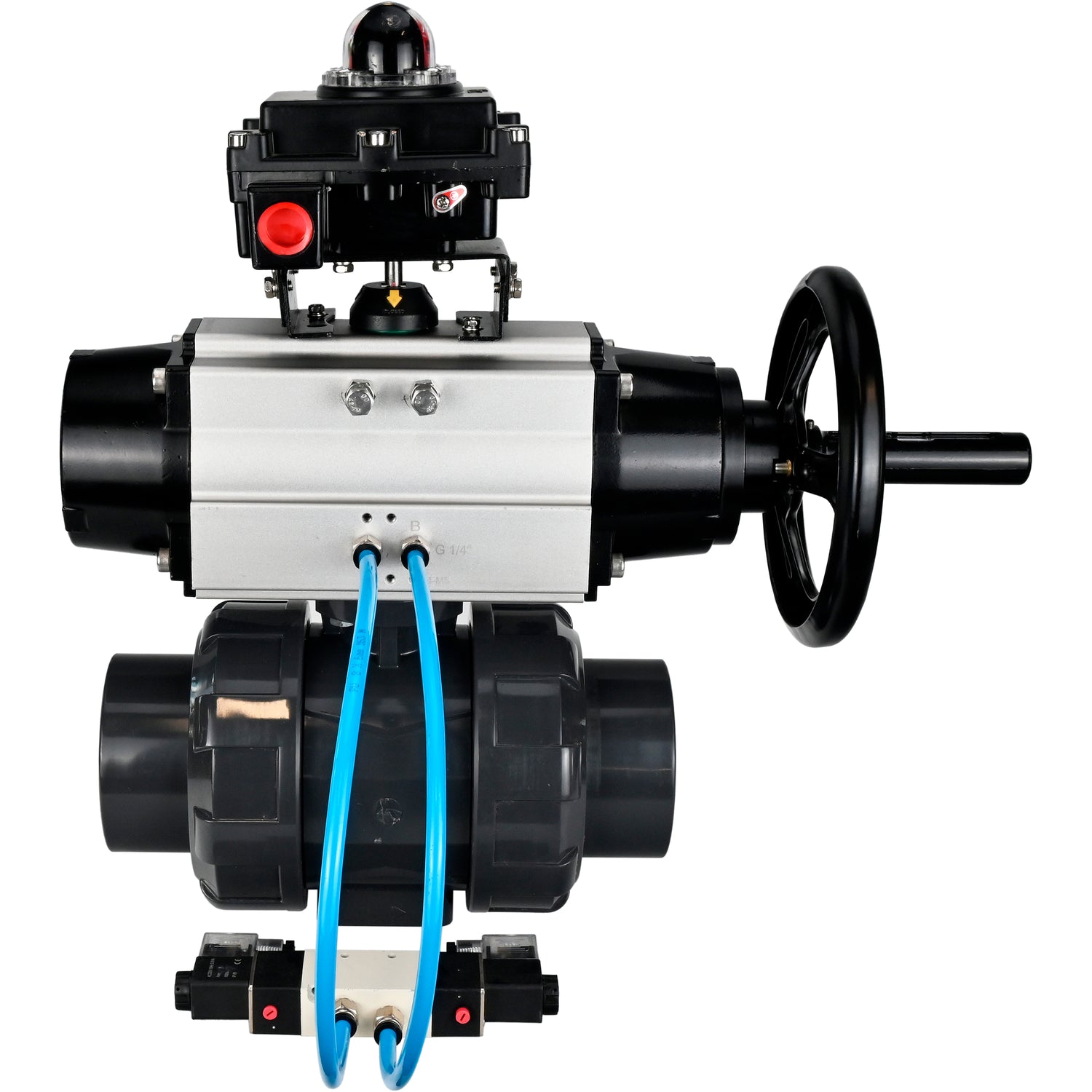 Ball valves Elephant BV4242E-FP-GRM-ISO, body material - UPVC, ball material - UPVC, seal - EPDM, with pneumatic actuator double action PA-DA-105-1, pneumatic distributor 4V320-08 220V and LSU APL-410N EX