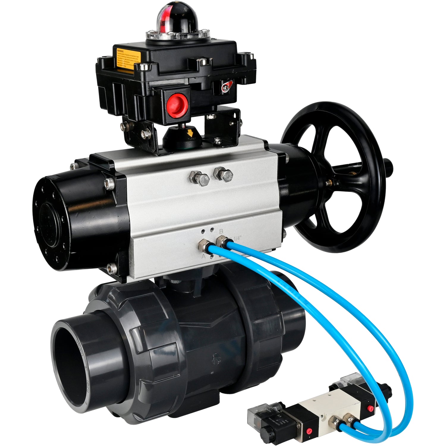 Ball valves Elephant BV4242E-FP-GRM-ISO, body material - UPVC, ball material - UPVC, seal - EPDM, with pneumatic actuator double action PA-DA-105-1, pneumatic distributor 4V320-08 220V and LSU APL-410N EX