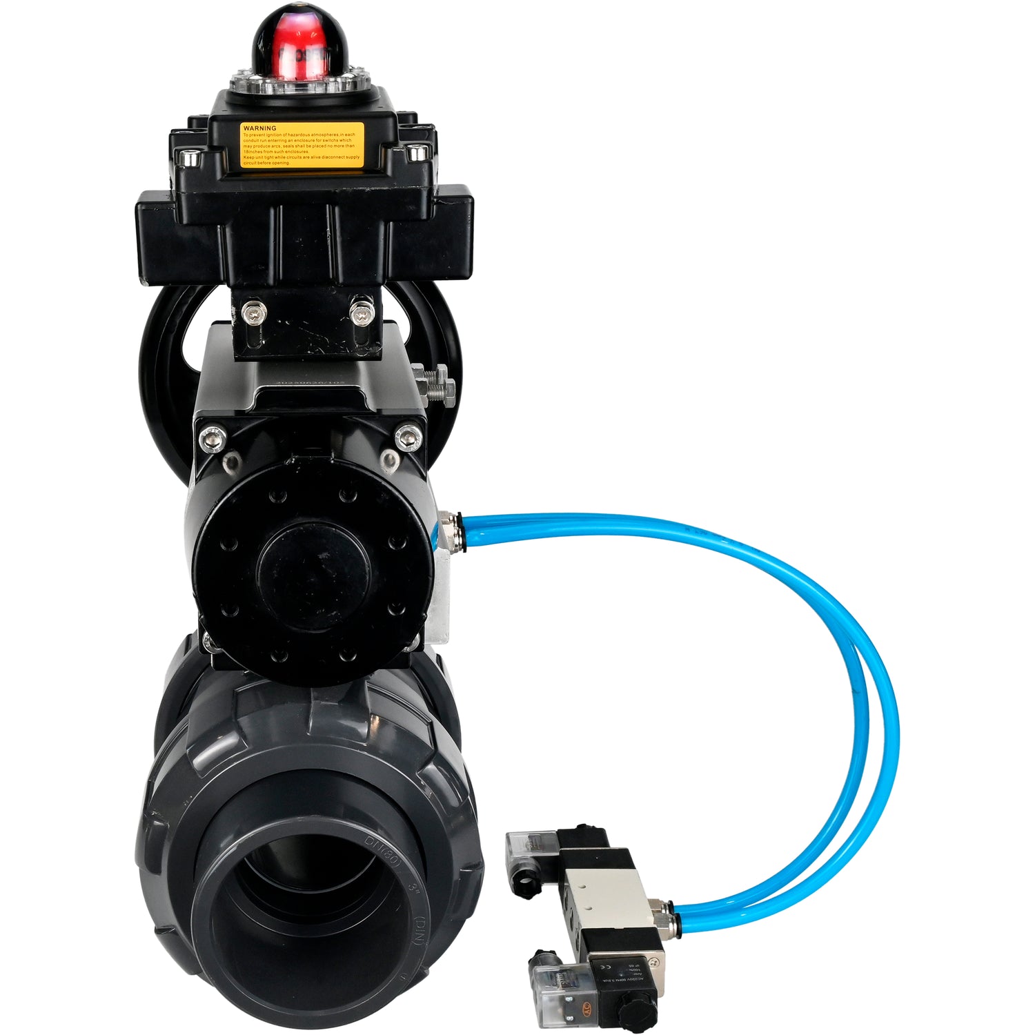 Ball valves Elephant BV4242E-FP-GRM-ISO, body material - UPVC, ball material - UPVC, seal - EPDM, with pneumatic actuator double action PA-DA-105-1, pneumatic distributor 4V320-08 220V and LSU APL-410N EX