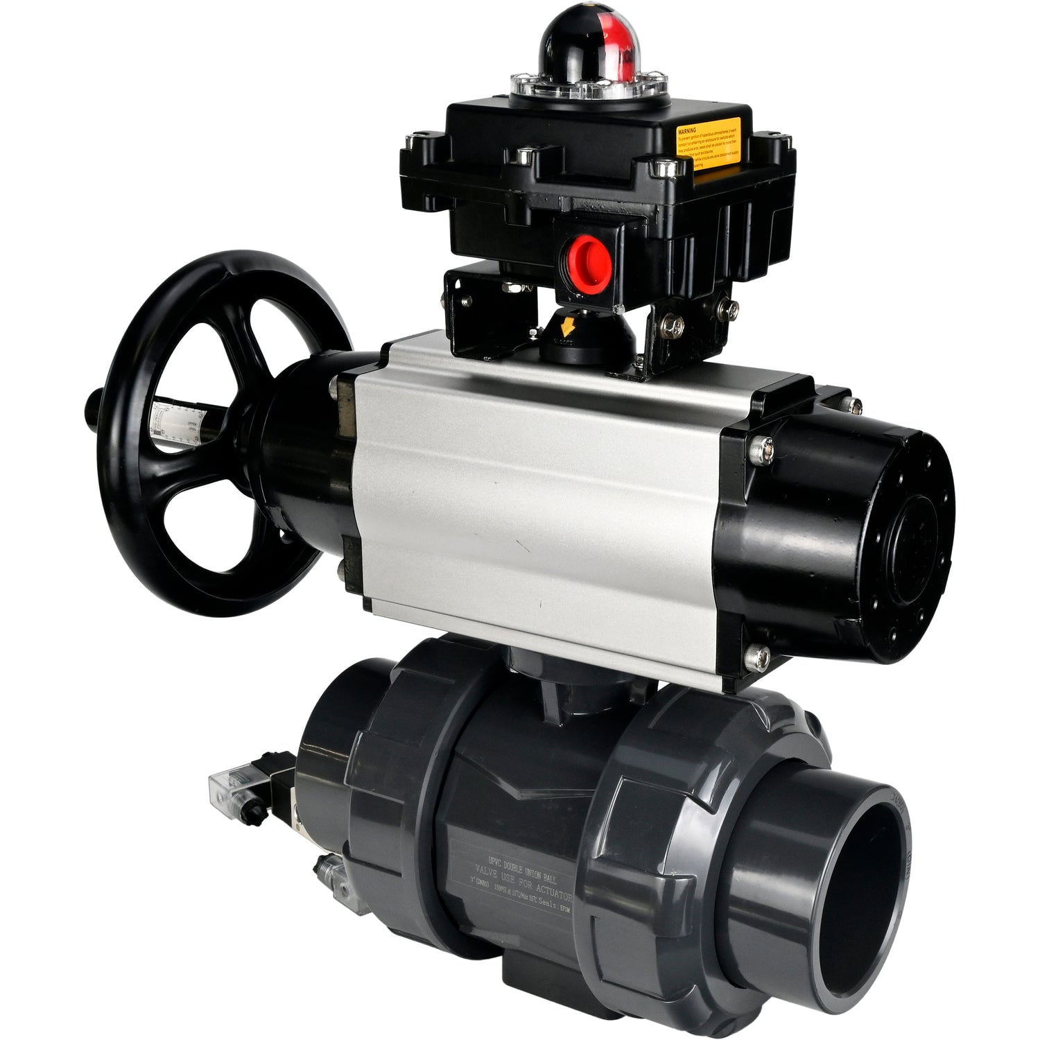 Ball valves Elephant BV4242E-FP-GRM-ISO, body material - UPVC, ball material - UPVC, seal - EPDM, with pneumatic actuator double action PA-DA-105-1, pneumatic distributor 4V320-08 220V and LSU APL-410N EX