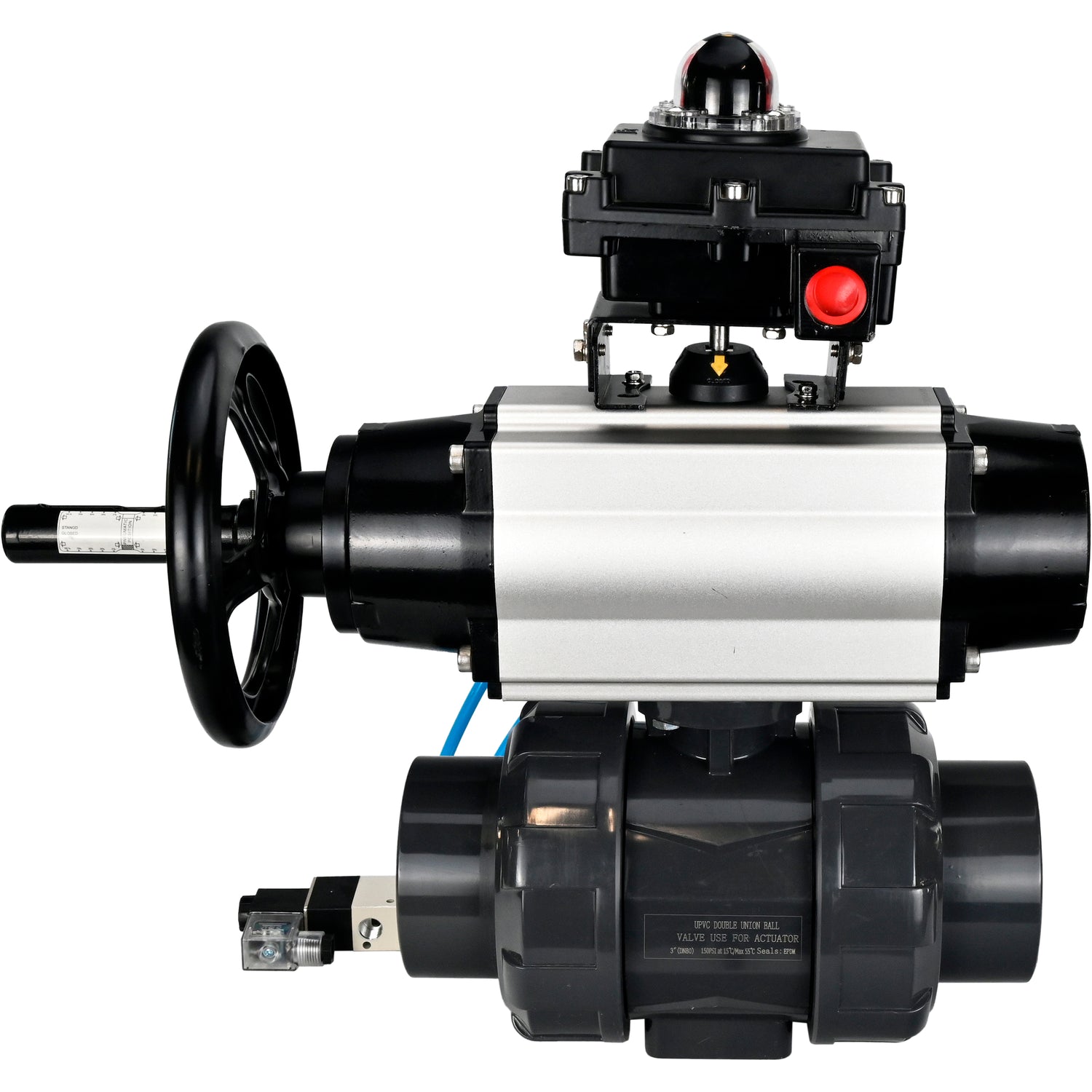 Ball valves Elephant BV4242E-FP-GRM-ISO, body material - UPVC, ball material - UPVC, seal - EPDM, with pneumatic actuator double action PA-DA-105-1, pneumatic distributor 4V320-08 220V and LSU APL-410N EX