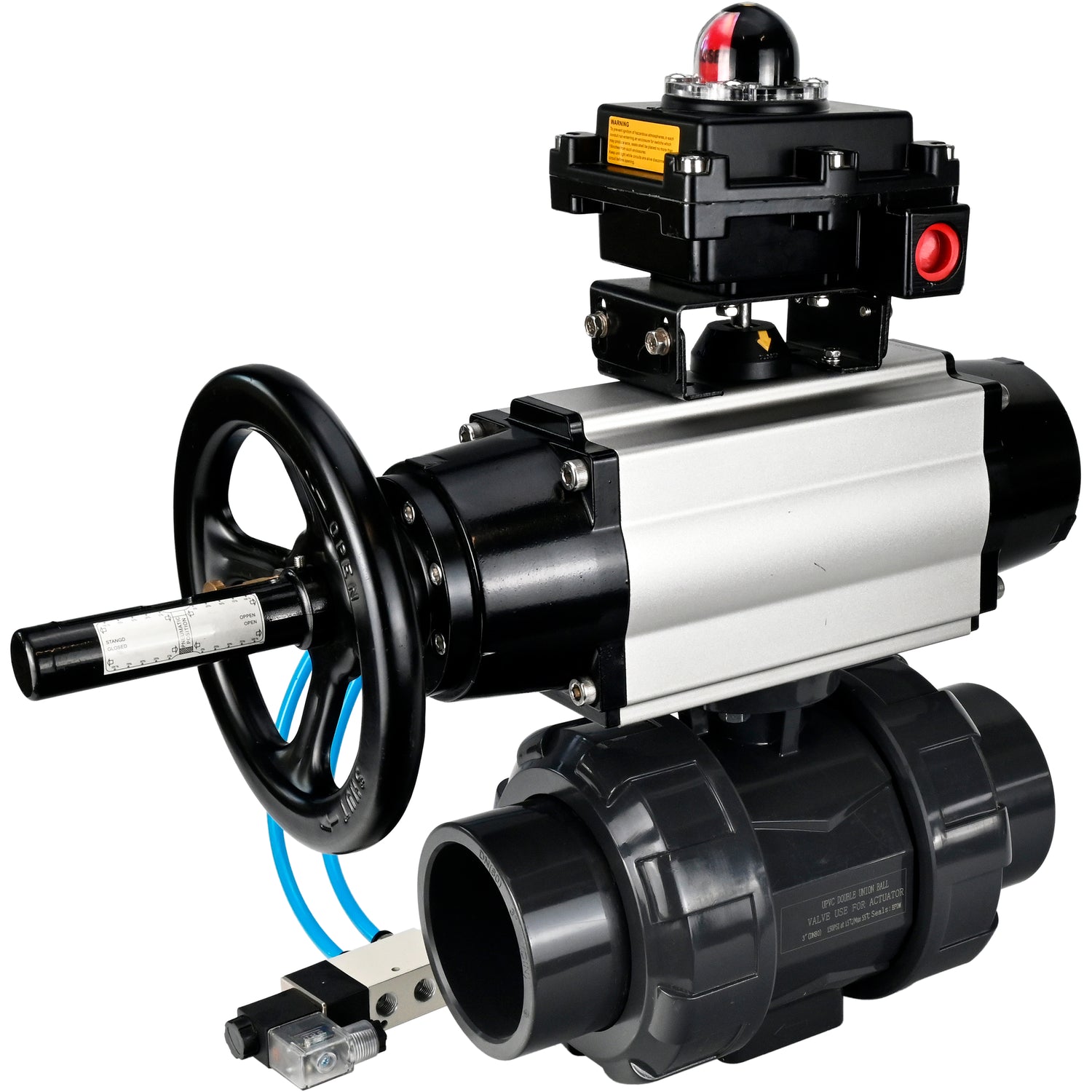 Ball valves Elephant BV4242E-FP-GRM-ISO, body material - UPVC, ball material - UPVC, seal - EPDM, with pneumatic actuator double action PA-DA-105-1, pneumatic distributor 4V320-08 220V and LSU APL-410N EX