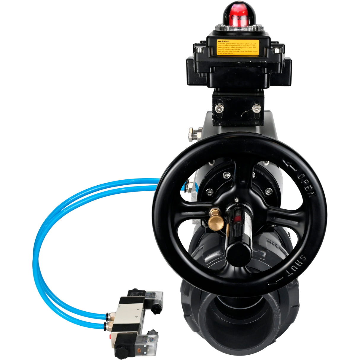 Ball valves Elephant BV4242E-FP-GRM-ISO, body material - UPVC, ball material - UPVC, seal - EPDM, with pneumatic actuator double action PA-DA-105-1, pneumatic distributor 4V320-08 220V and LSU APL-410N EX