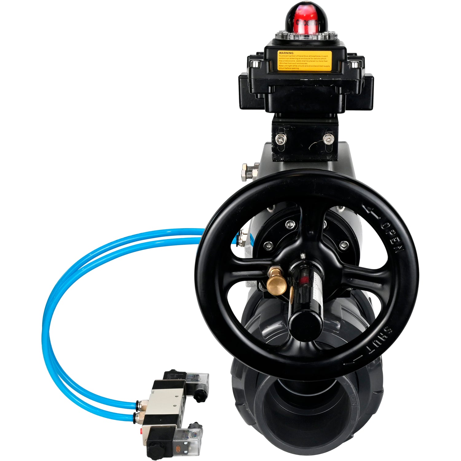 Ball valves Elephant BV4242E-FP-GRM-ISO, body material - UPVC, ball material - UPVC, seal - EPDM, with pneumatic actuator double action PA-DA-105-1, pneumatic distributor 4V320-08 220V and LSU APL-410N EX
