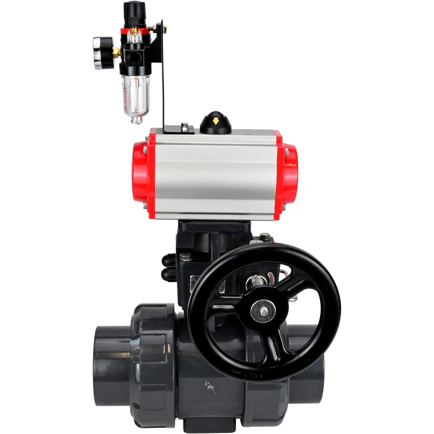 Ball valves Elephant BV4242E-FP-GRM-ISO, body material - UPVC, ball material - UPVC, seal - EPDM, with pneumatic actuator double action PA-DA, pneumatic distributor 4M310-08 24V, ATU AFC2000 and handwheel MON
