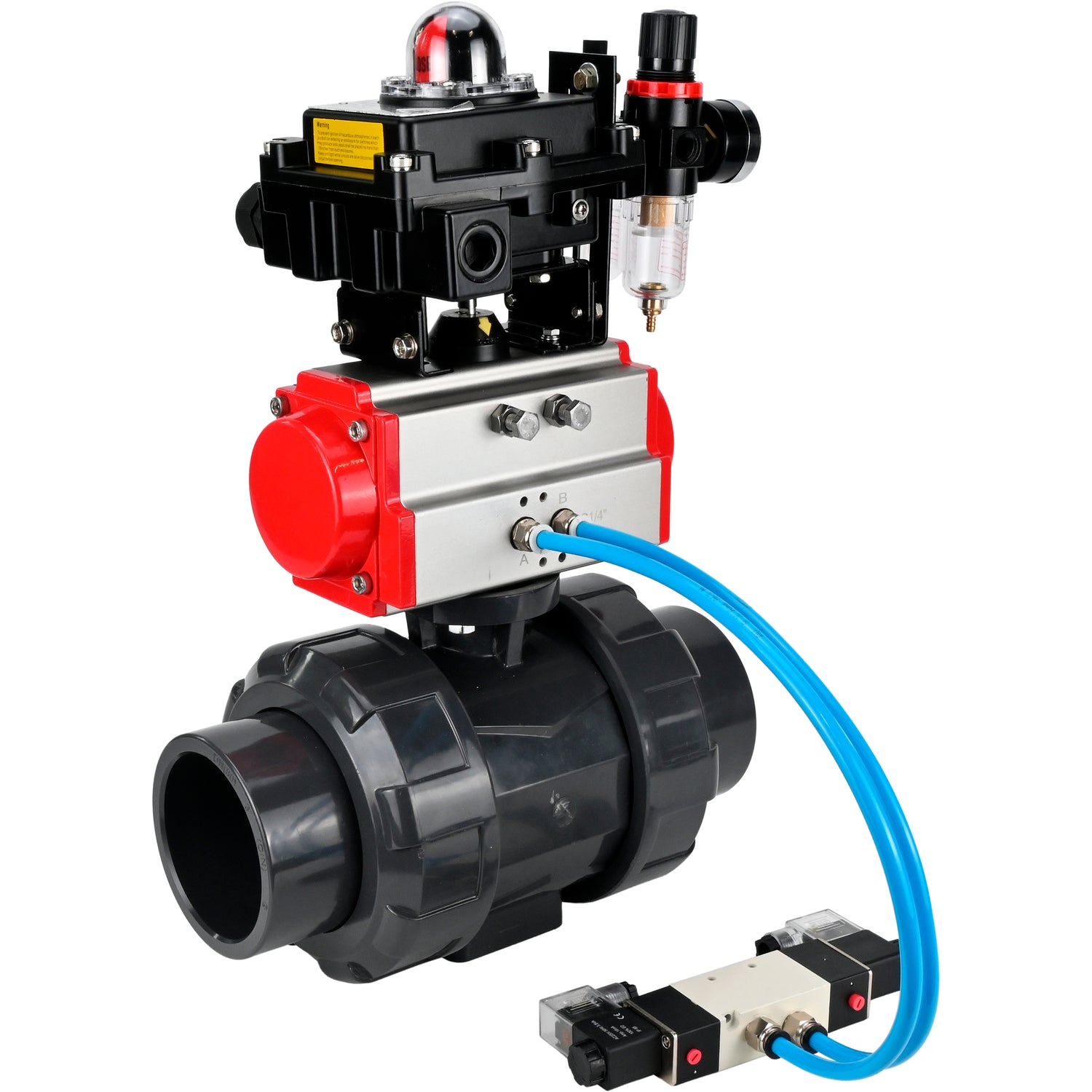 Ball valves Elephant BV4242E-FP-GRM-ISO, body material - UPVC, ball material - UPVC, seal - EPDM, with pneumatic actuator double action PA-DA, pneumatic distributor 4V320-08 220V, LSU APL-410N EX and ATU AFC2000