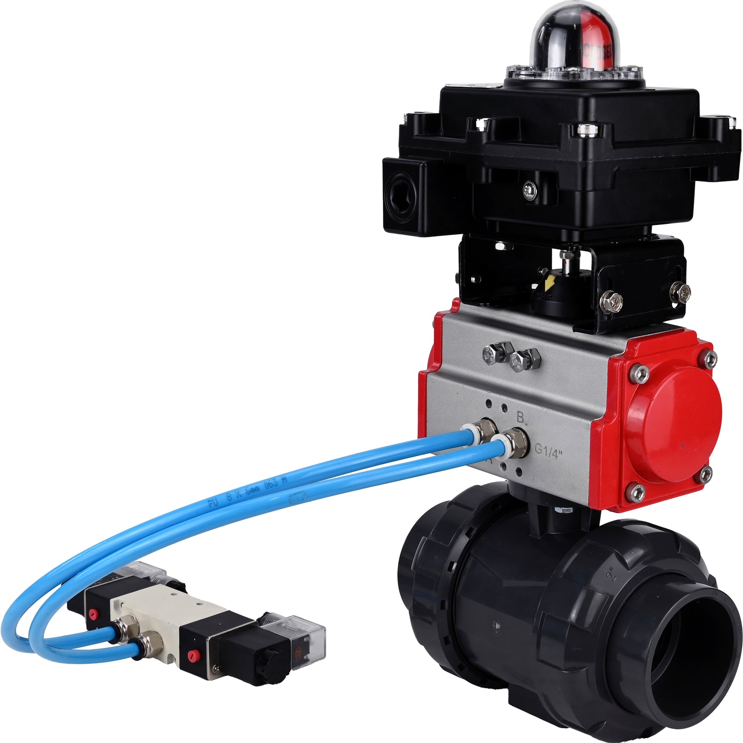 Ball valves Elephant BV4242E-FP-GRM-ISO, body material - UPVC, ball material - UPVC, seal - EPDM, with pneumatic actuator double action PA-DA, pneumatic distributor 4V320-08 220V and LSU APL-410N EX