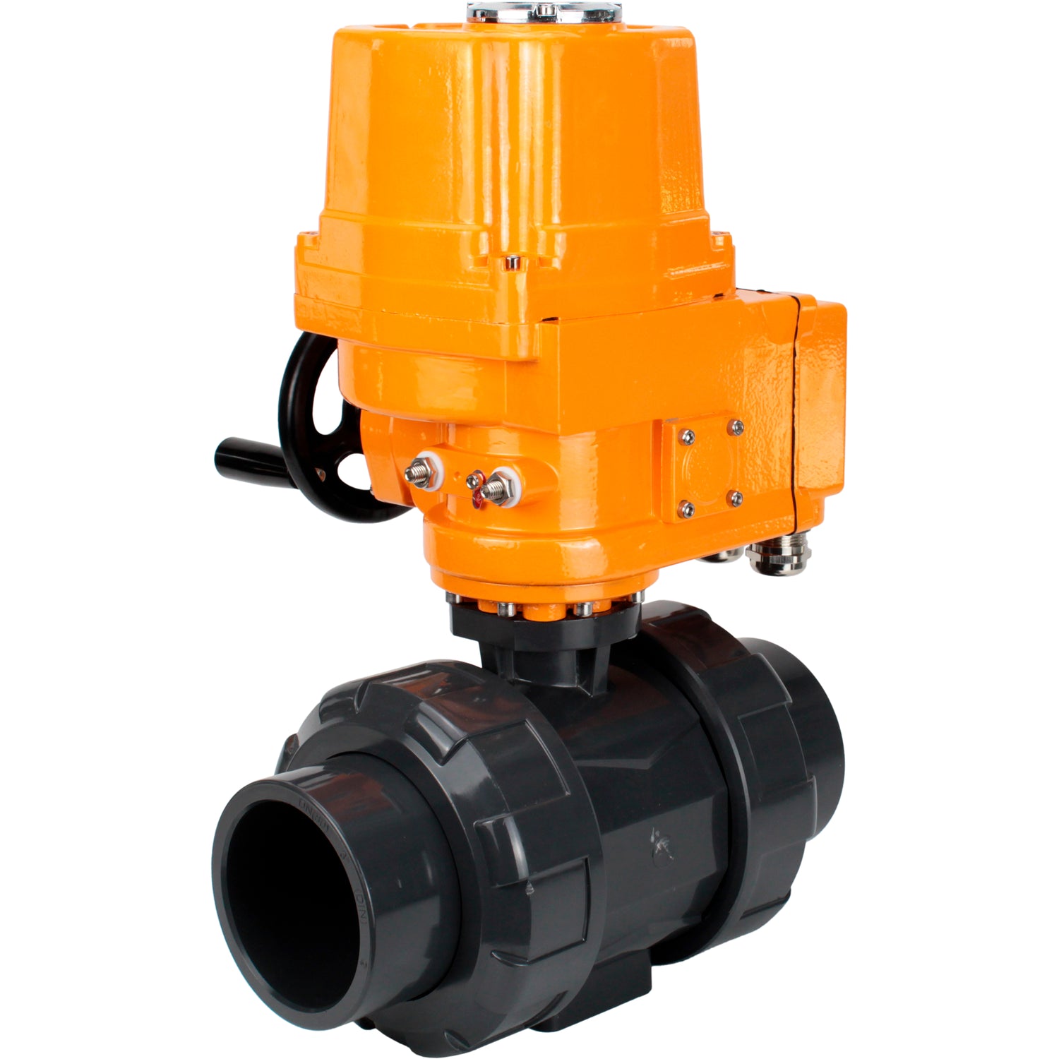 Ball valves Elephant BV4242E-FP-GRM-ISO, body material - UPVC, ball material - UPVC, seal - EPDM, with explosion-proof quarter-turn actuator QT-EX-EM-O2-380VAC-U1