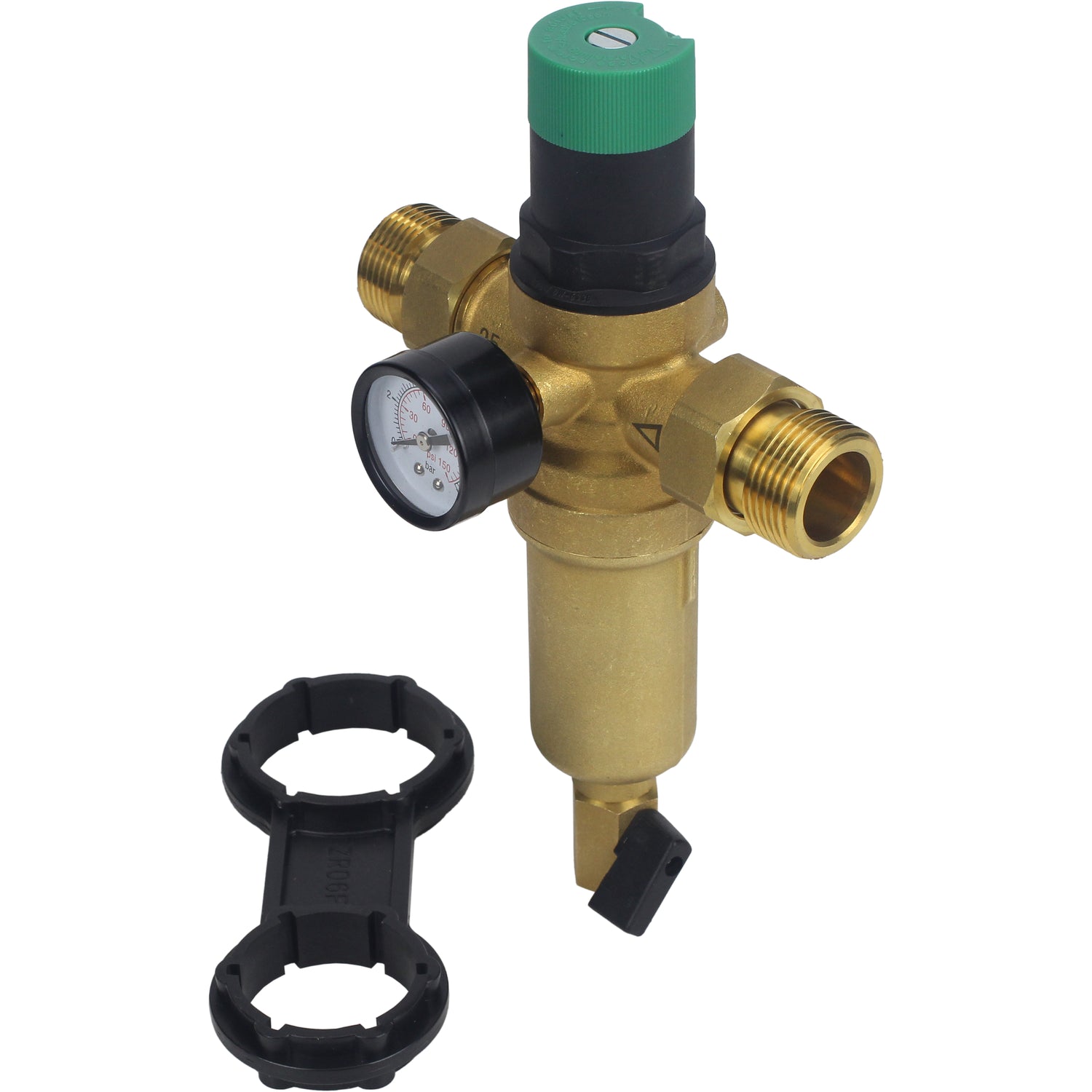 Filtre de chasse d'eau Elephant FMTWR0031-T fileté, en forme de T, corps - laiton, maille - acier inoxydable 304, avec manomètre et avec réducteur